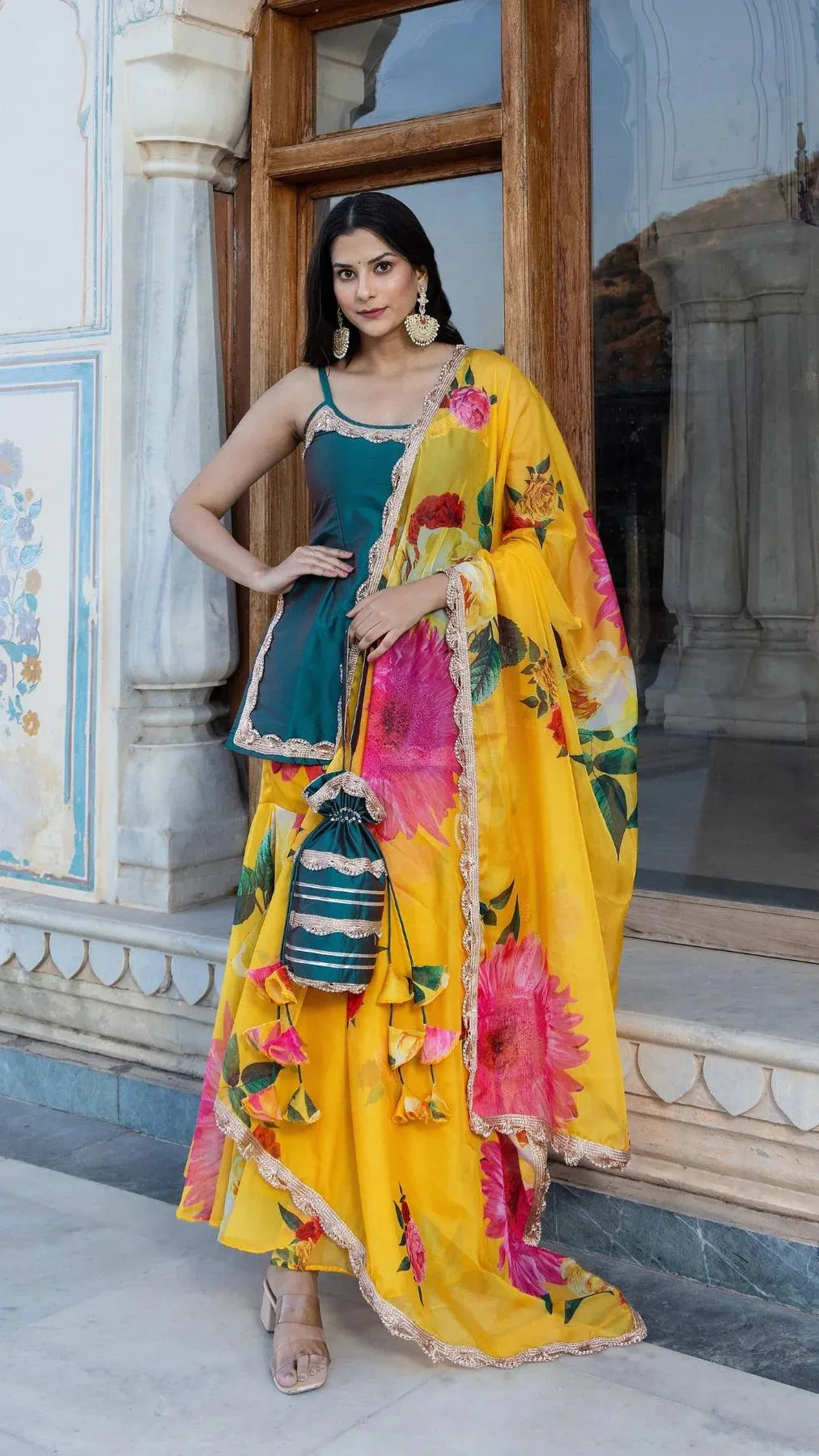 Green & Yellow Printed & Lace Detailing Taffeta Kurta with Organza Sharara & Dupatta