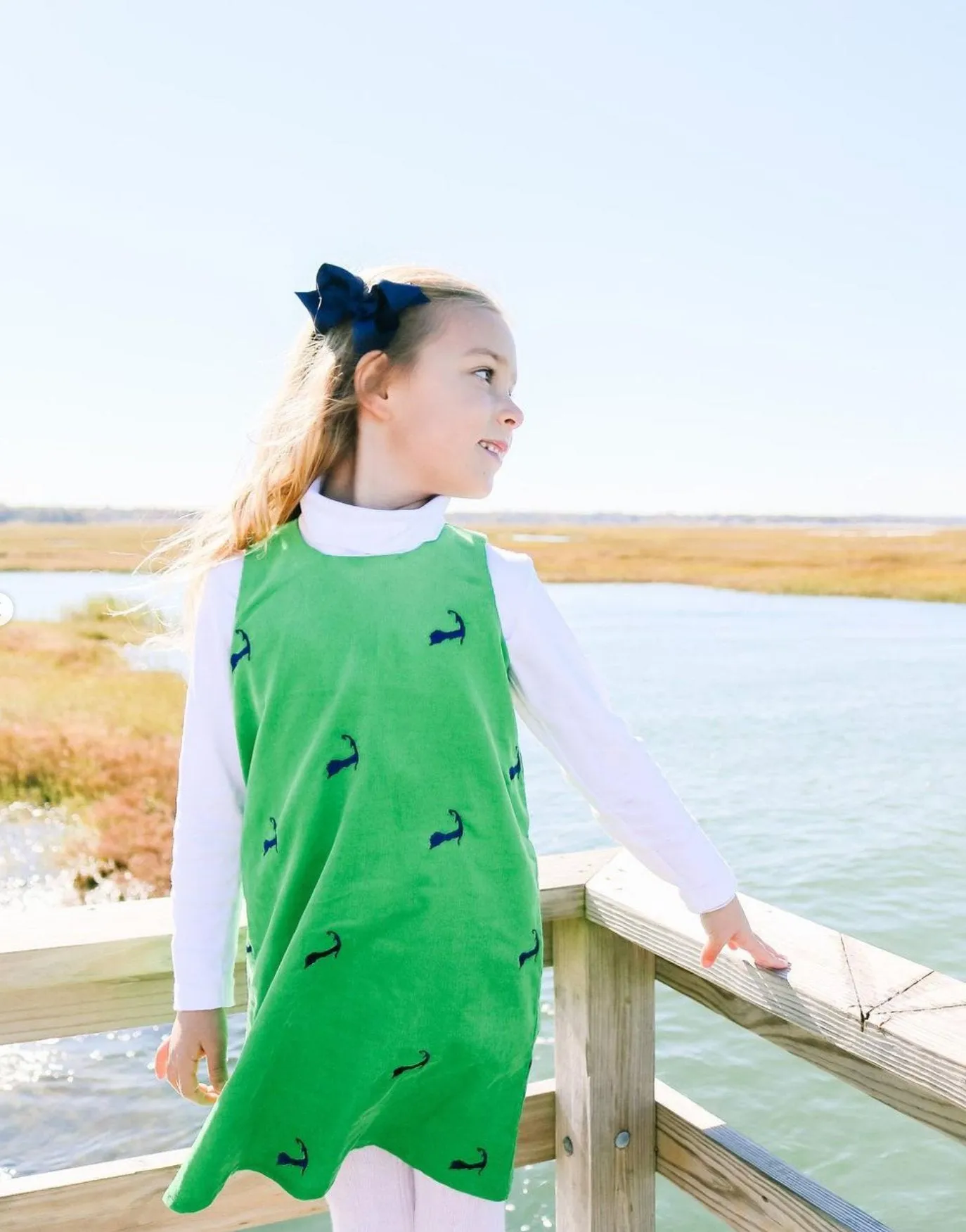 Green Corduroy Jumper Dress with Navy Cape Cods