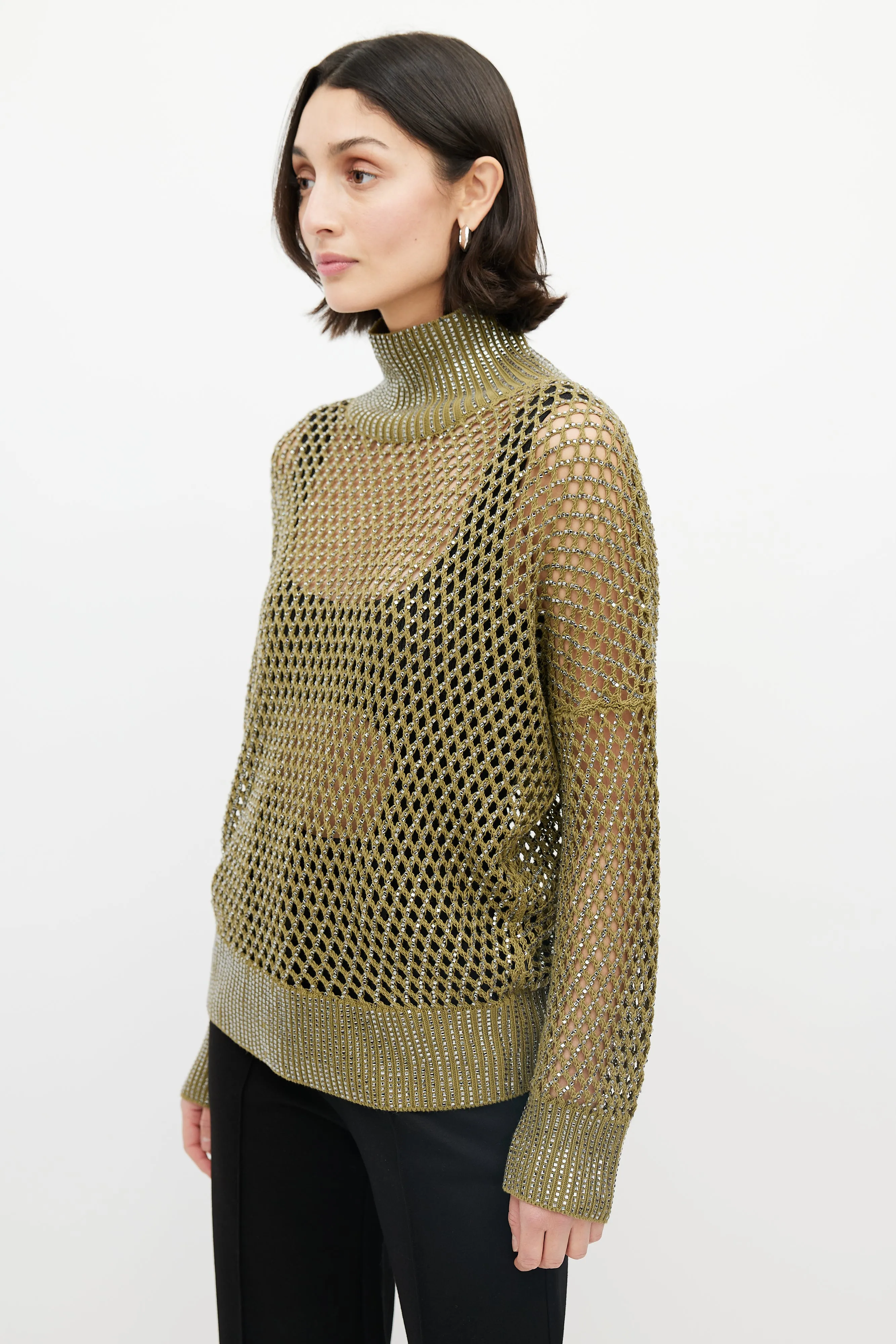 Green Open Knit Jewel Sweater