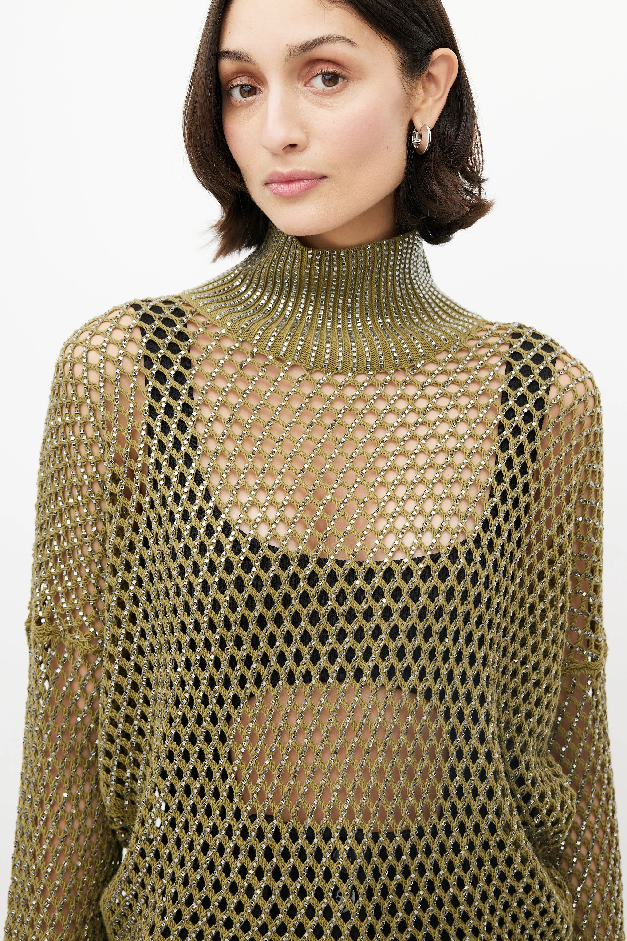 Green Open Knit Jewel Sweater