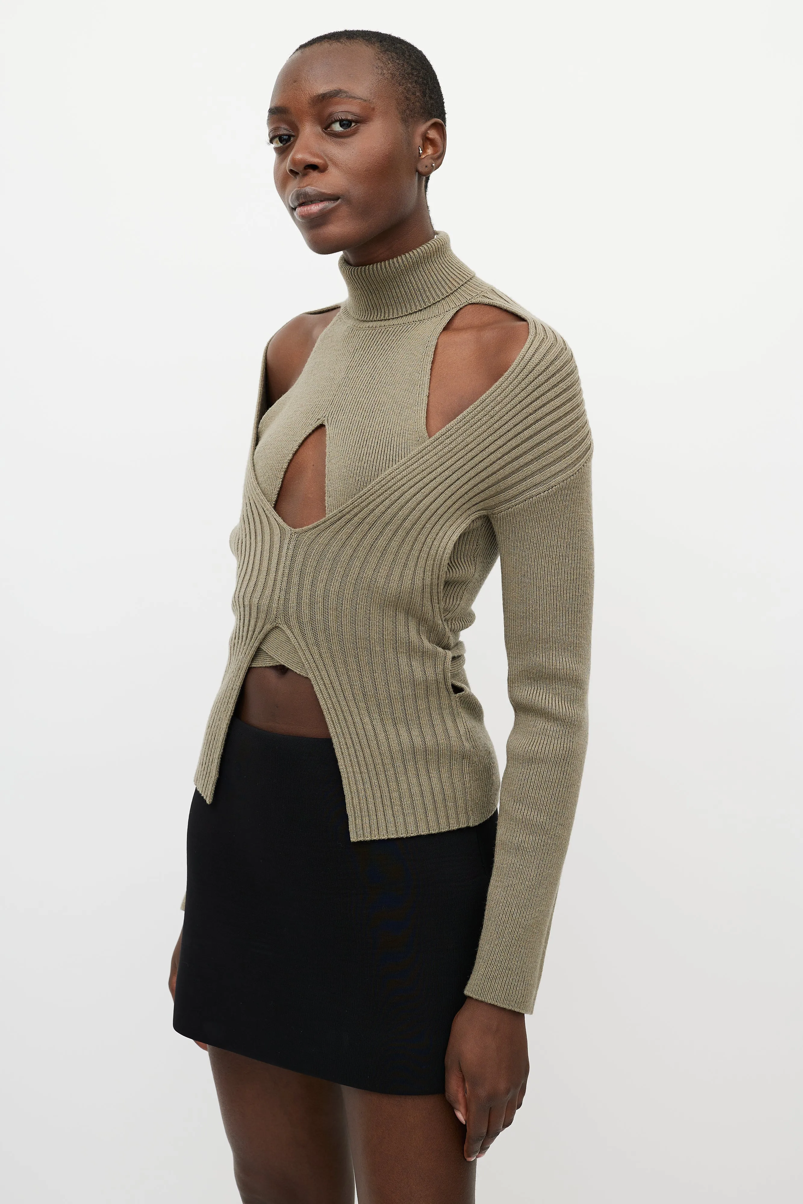 Green Ribbed Knit Turtleneck Sweater