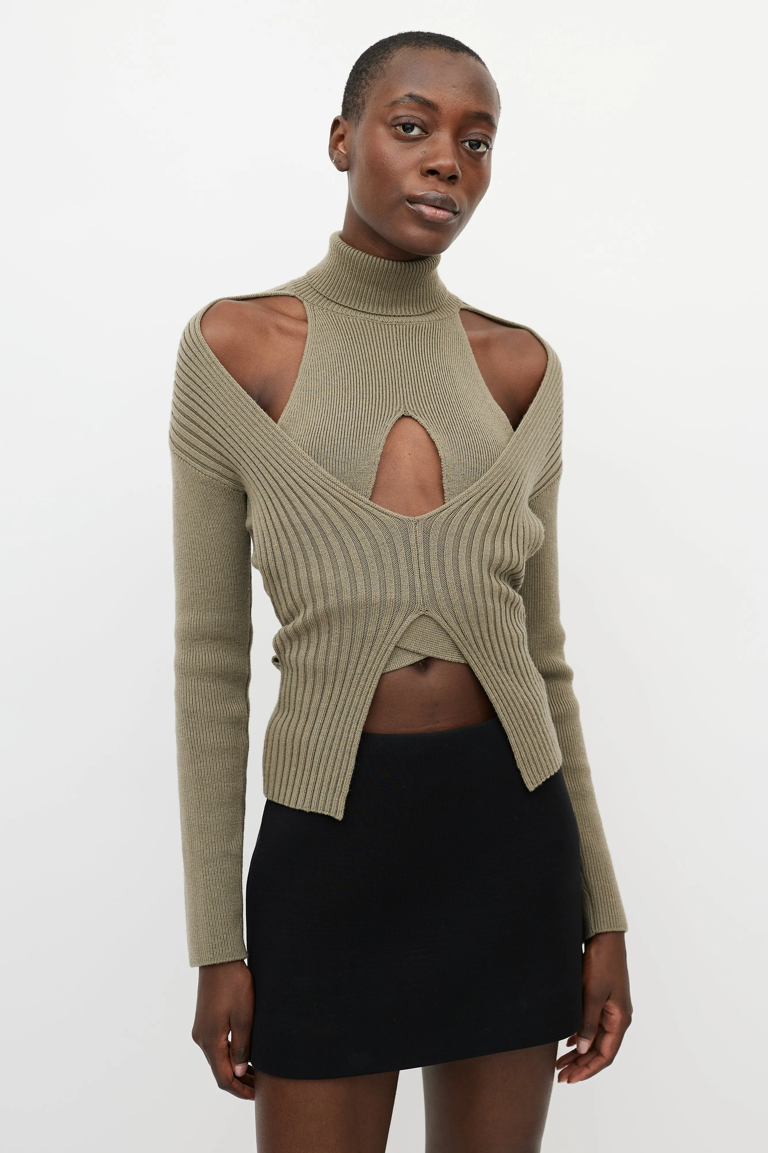 Green Ribbed Knit Turtleneck Sweater