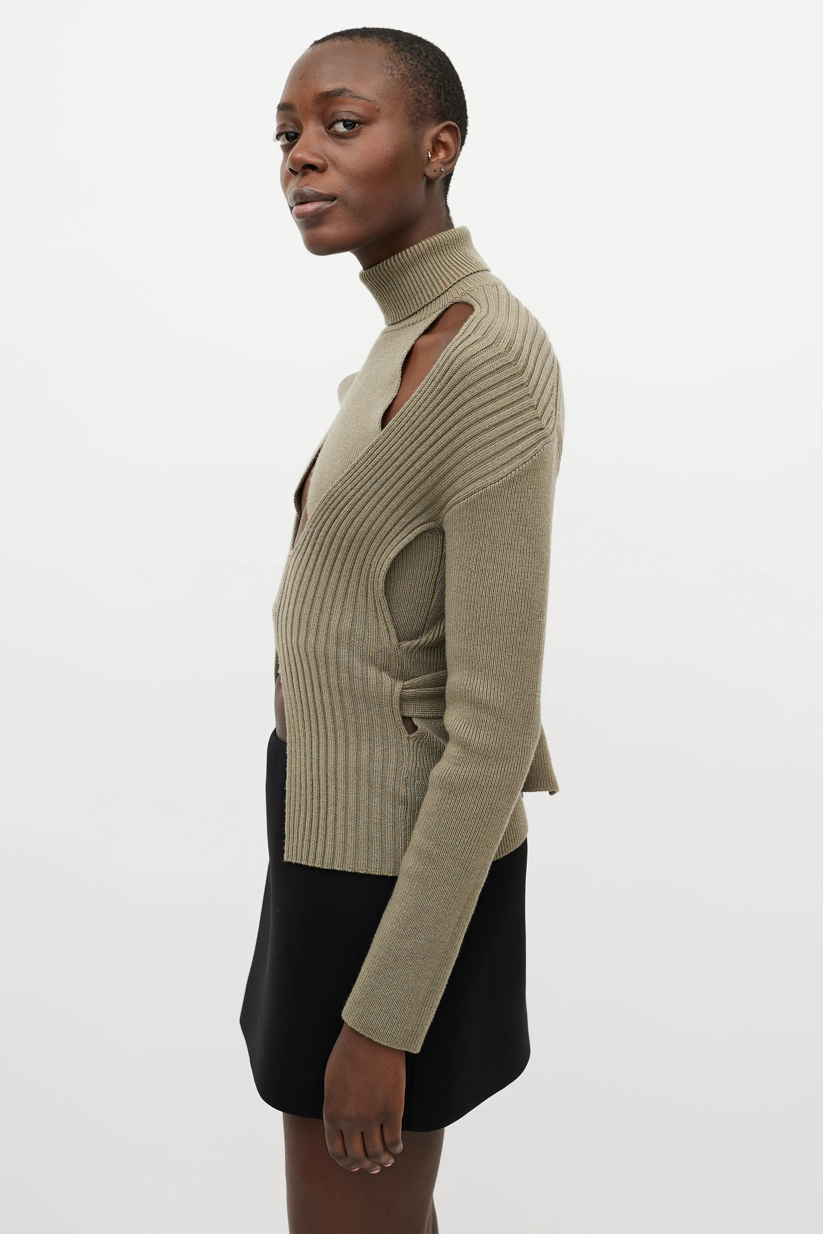 Green Ribbed Knit Turtleneck Sweater