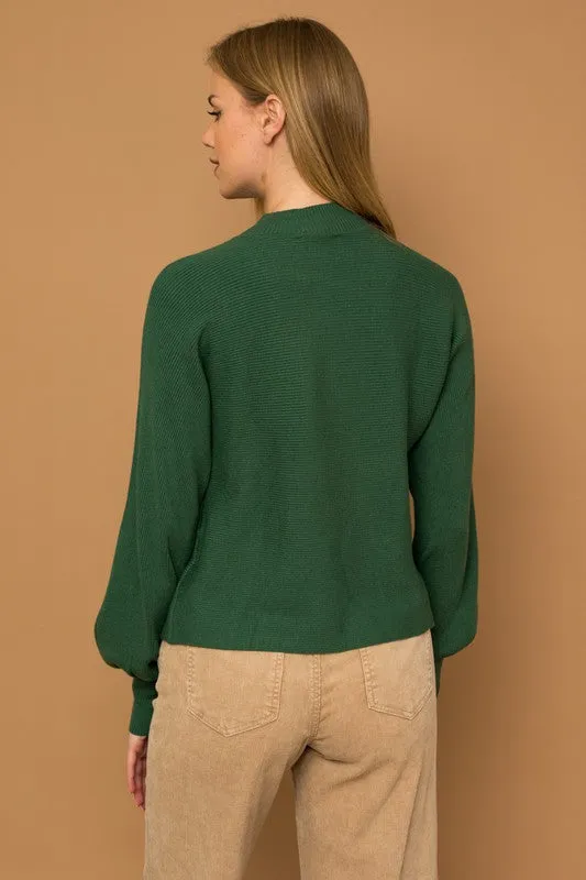 Green Turtleneck Long Puff Sleeve Knit Sweater