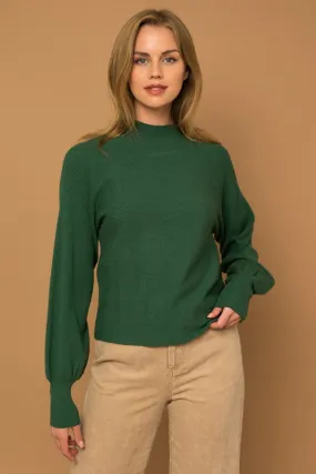 Green Turtleneck Long Puff Sleeve Knit Sweater