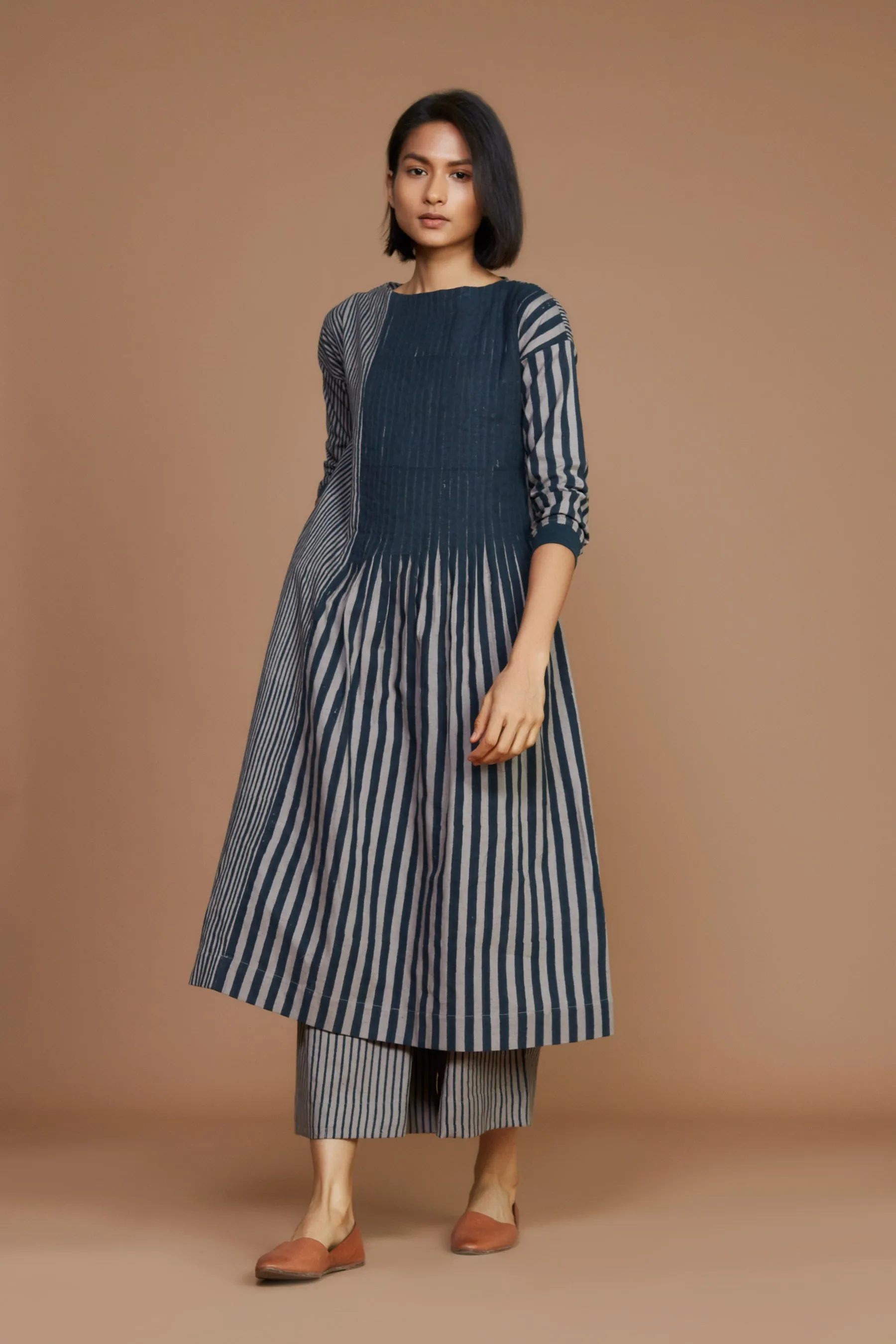 Grey with Charcoal Striped Pleated Dress