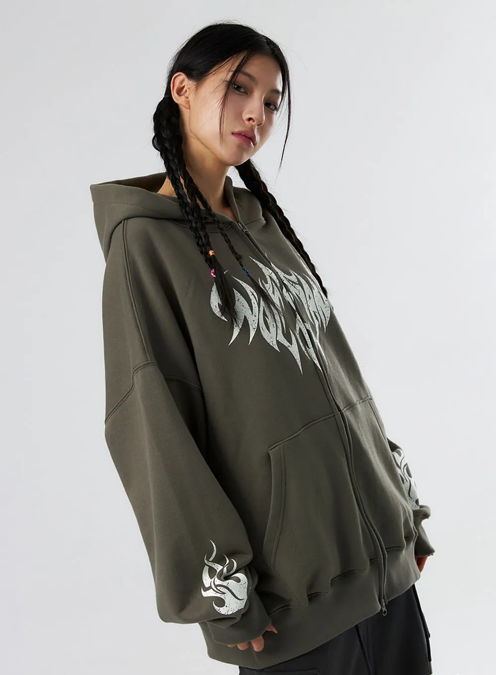 Grunge Graphic Zip-Up Hoodie IS322