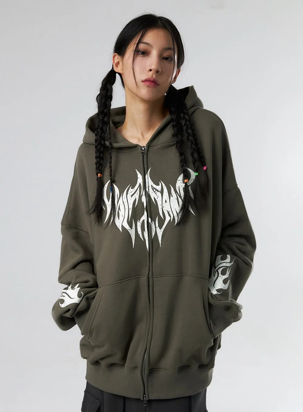 Grunge Graphic Zip-Up Hoodie IS322