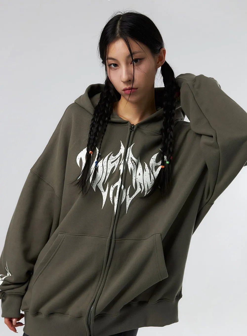 Grunge Graphic Zip-Up Hoodie IS322