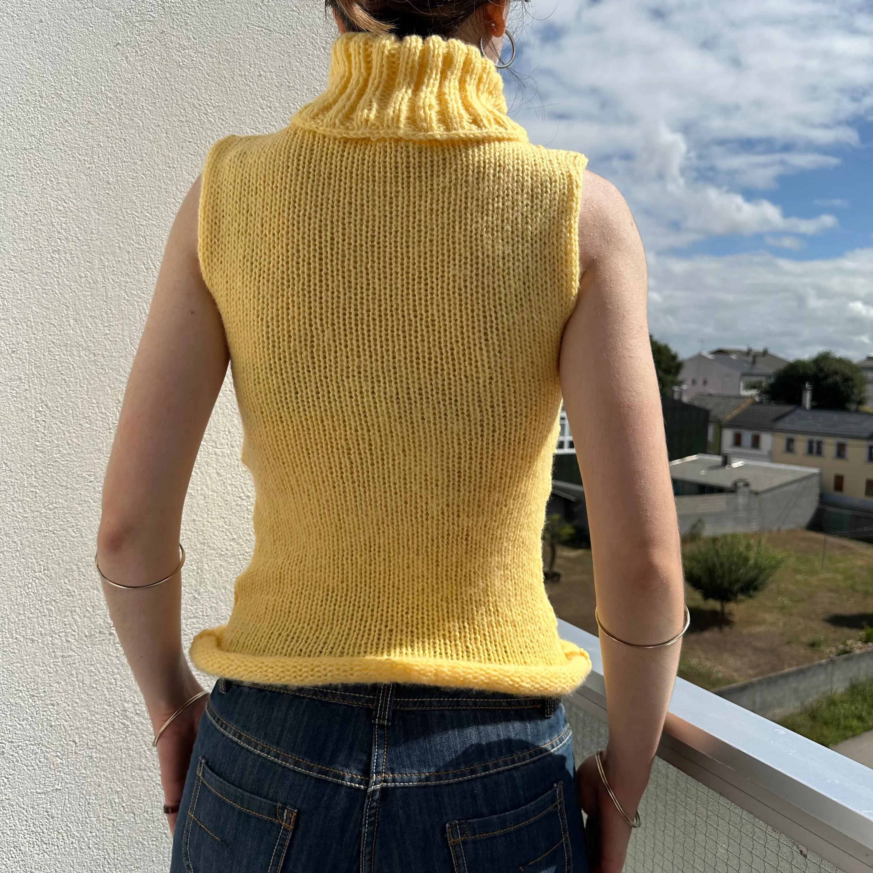 Handmade fluffy light yellow turtleneck knit vest