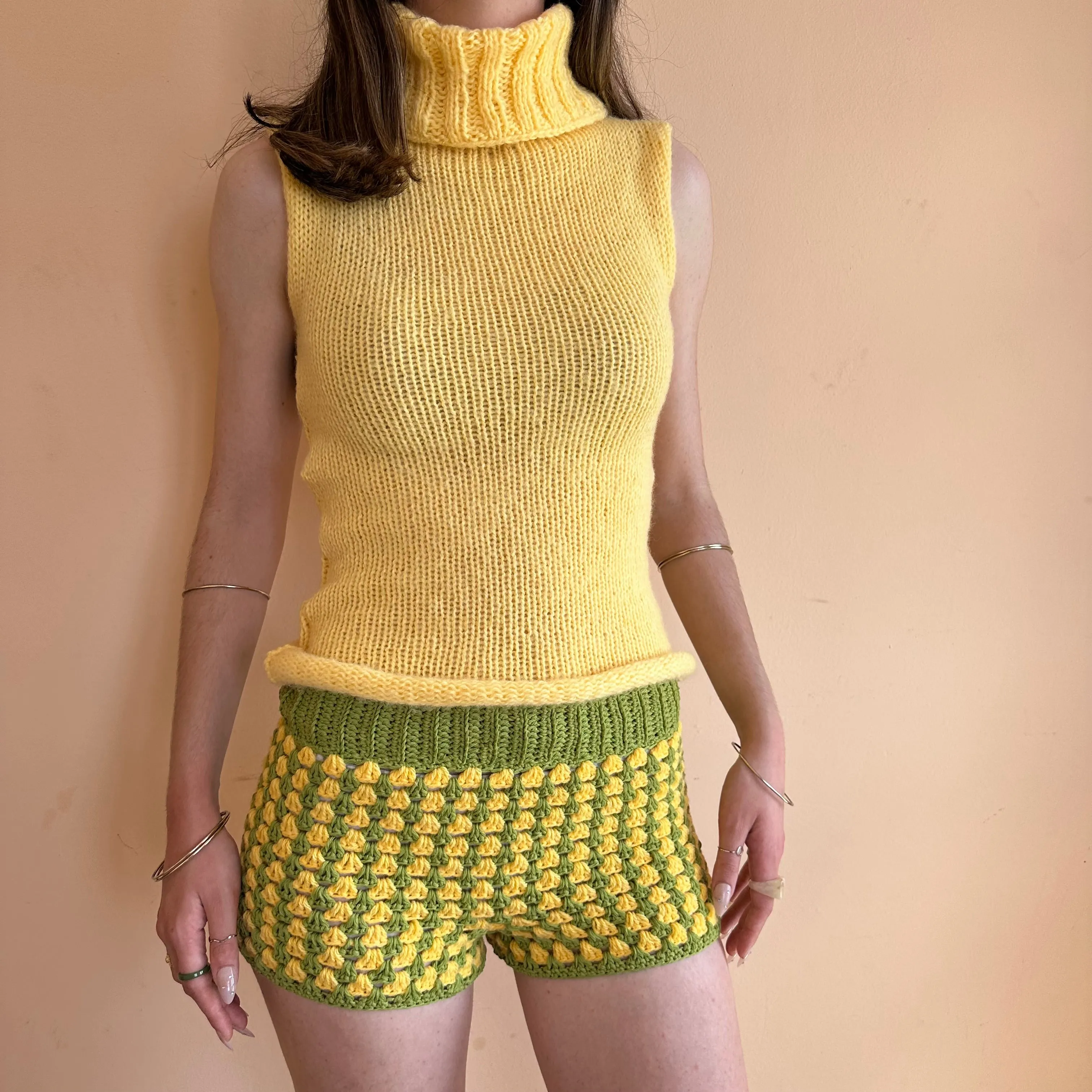 Handmade fluffy light yellow turtleneck knit vest