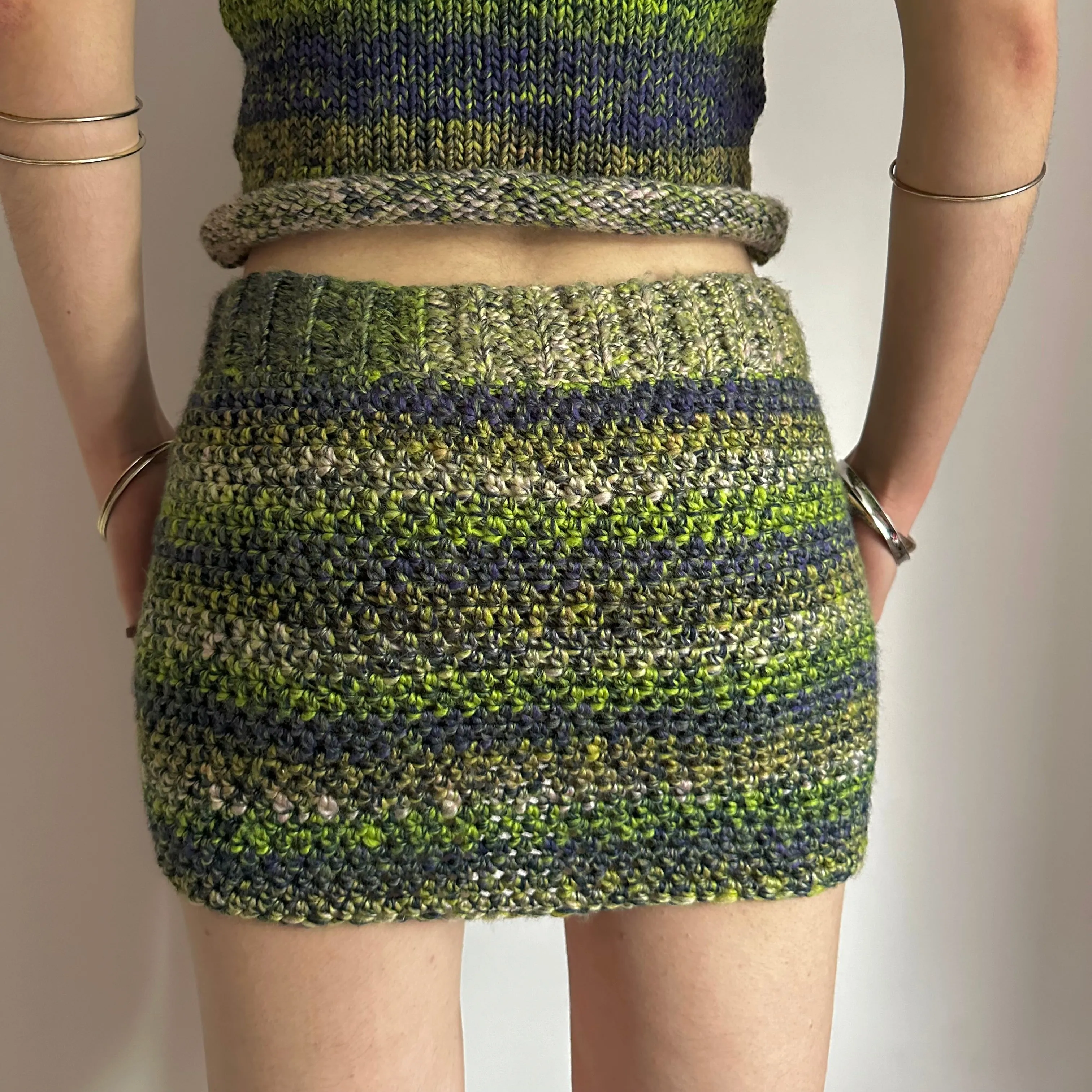 Handmade green, navy blue and cream ombré crochet mini skirt