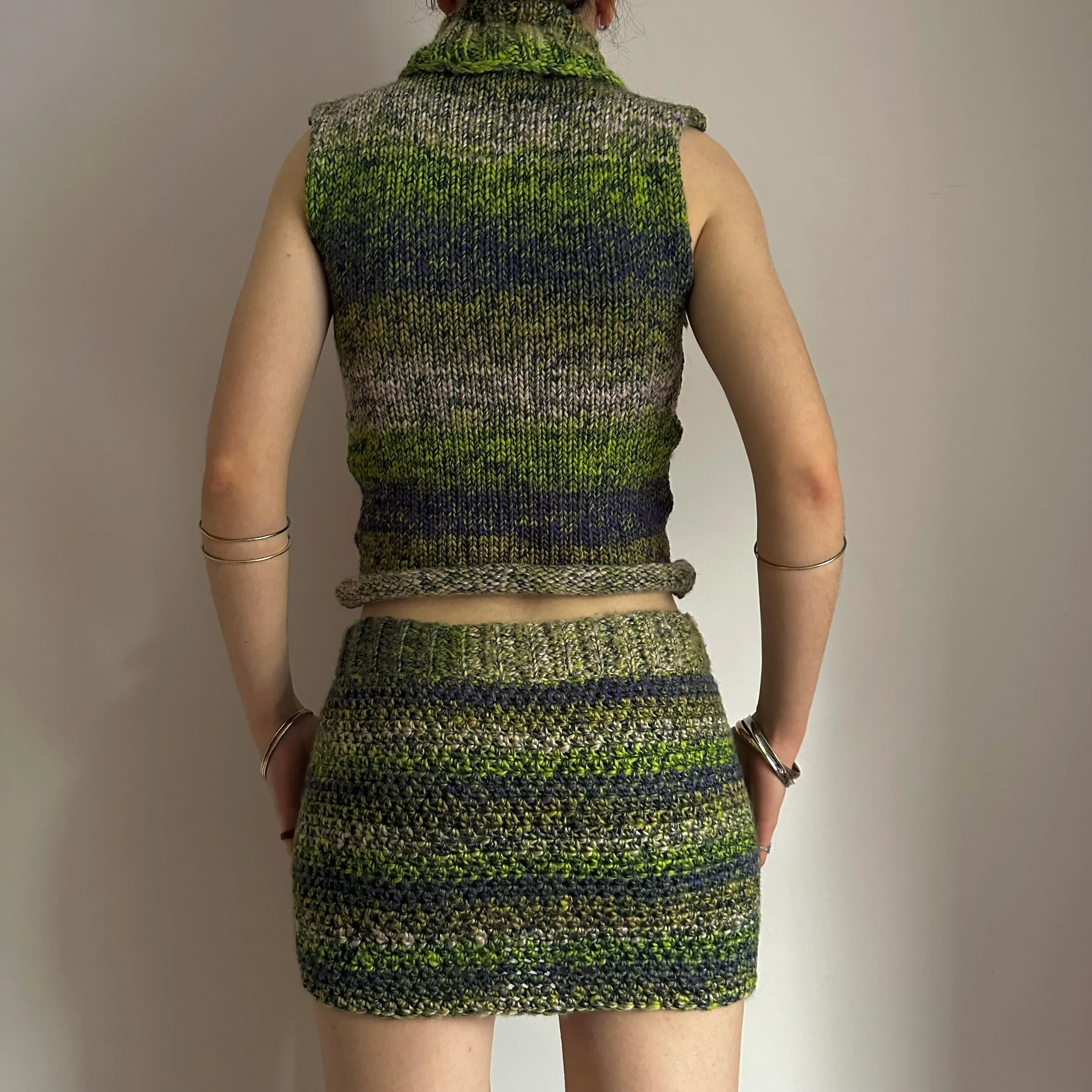 Handmade green, navy blue and cream ombré crochet mini skirt