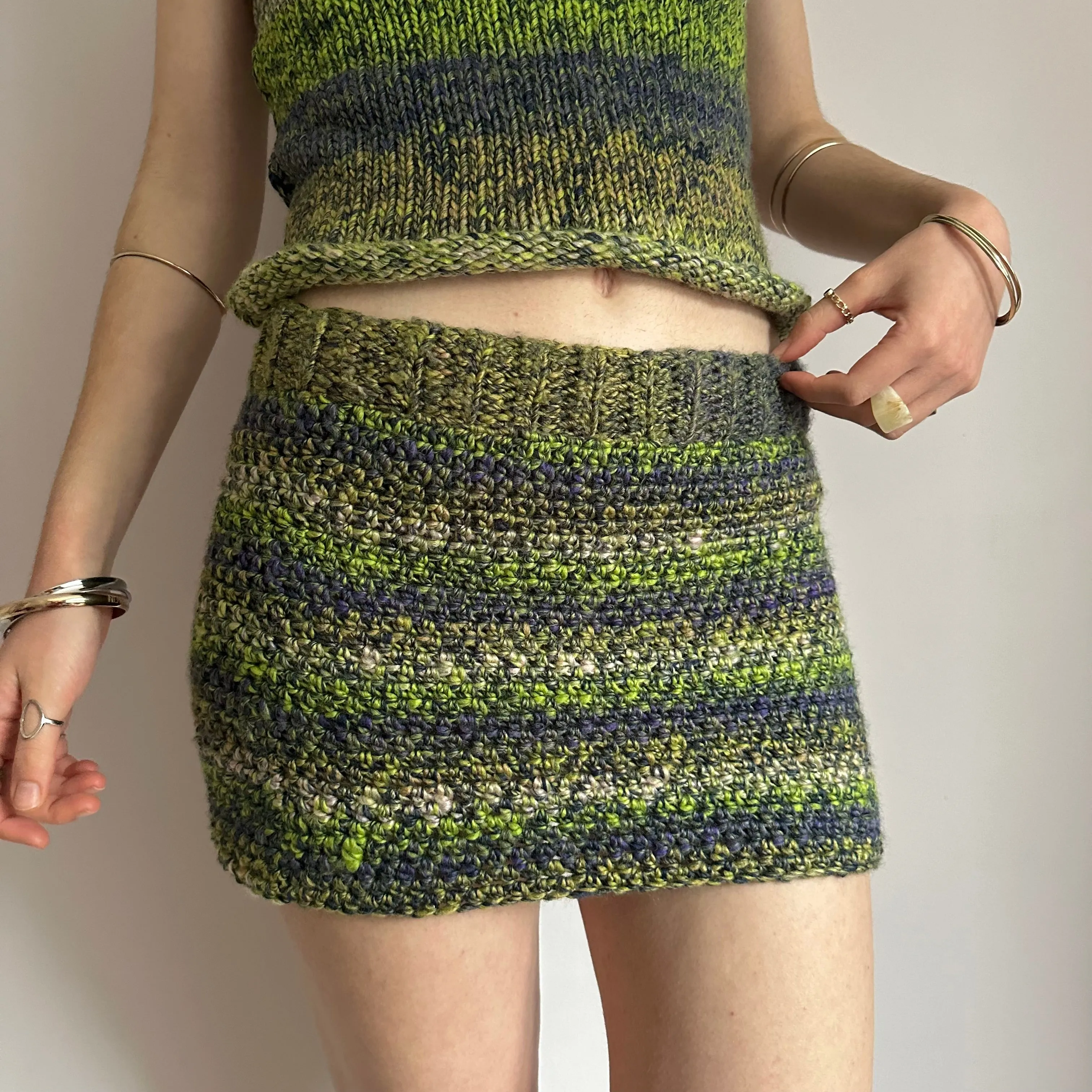 Handmade green, navy blue and cream ombré crochet mini skirt