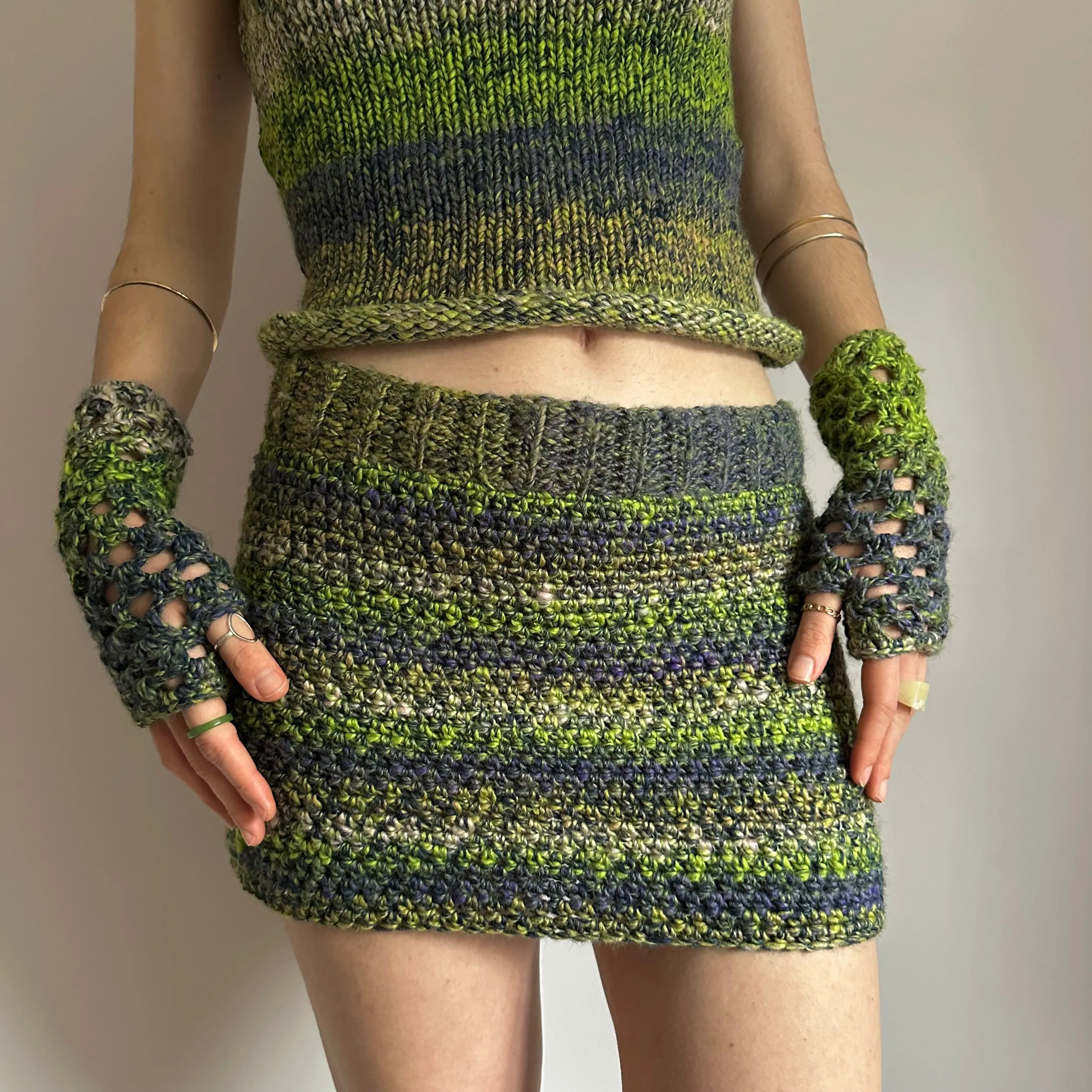 Handmade green, navy blue and cream ombré crochet mini skirt