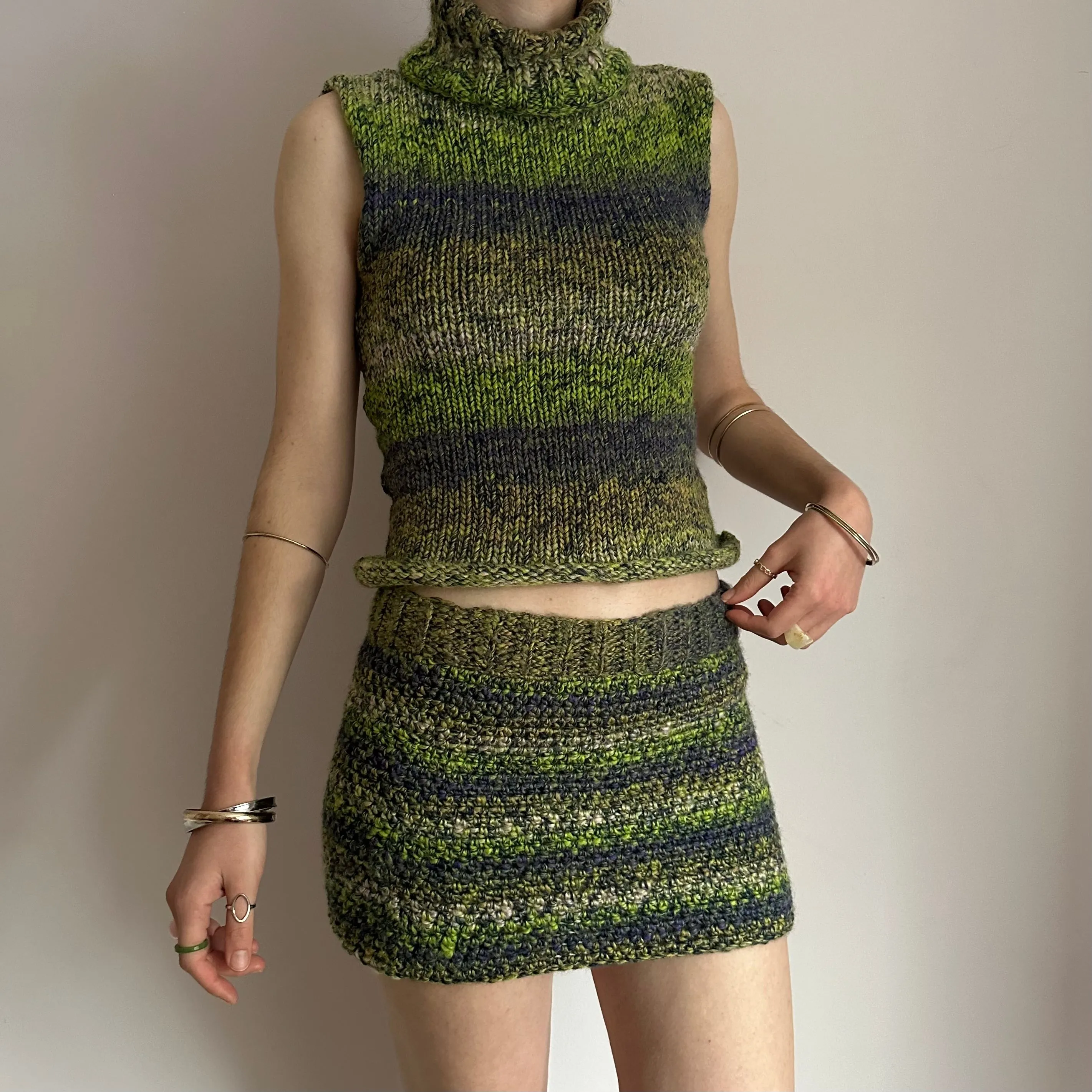 Handmade green, navy blue and cream ombré crochet mini skirt