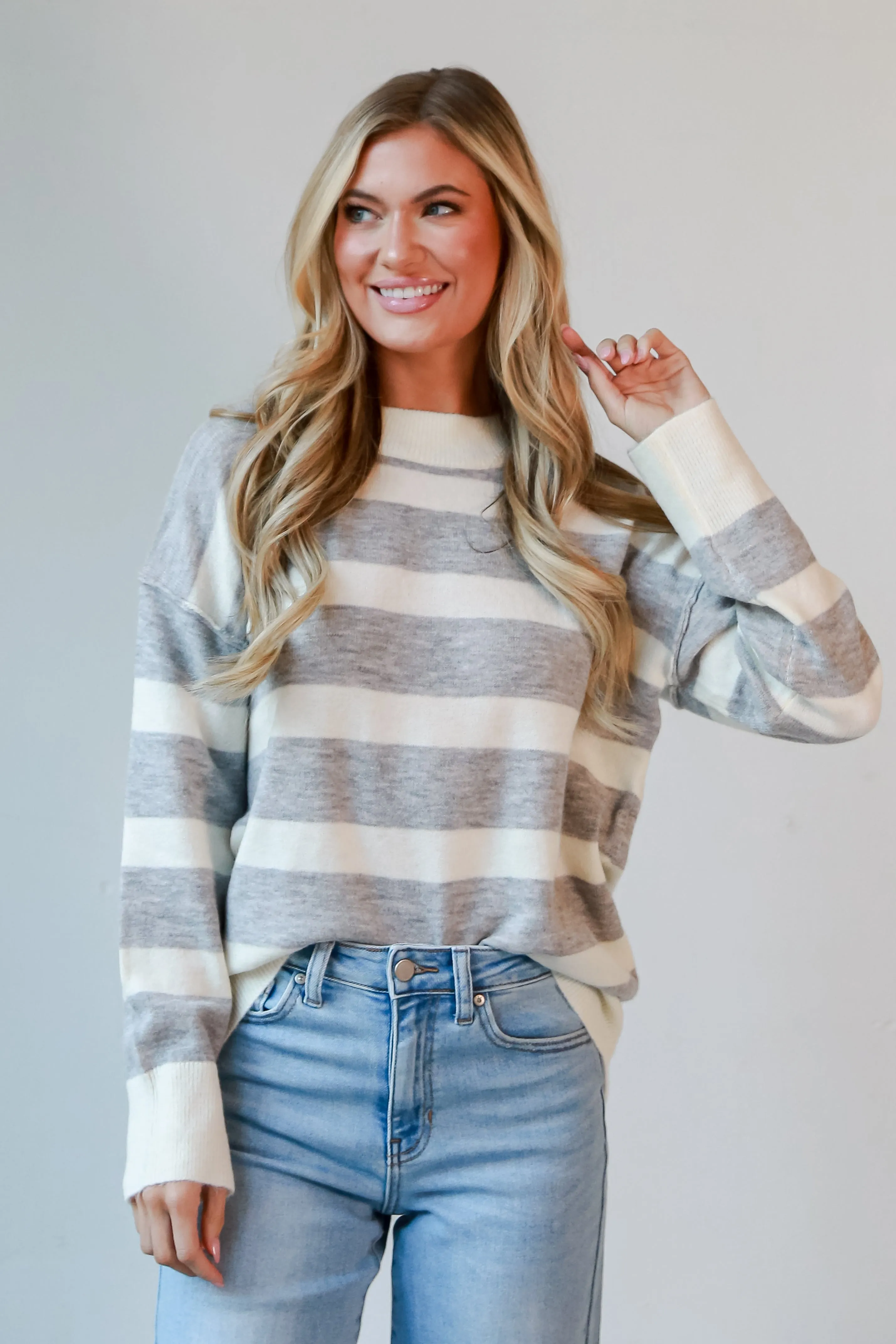 Hannah Heather Grey Striped Sweater - DOORBUSTER