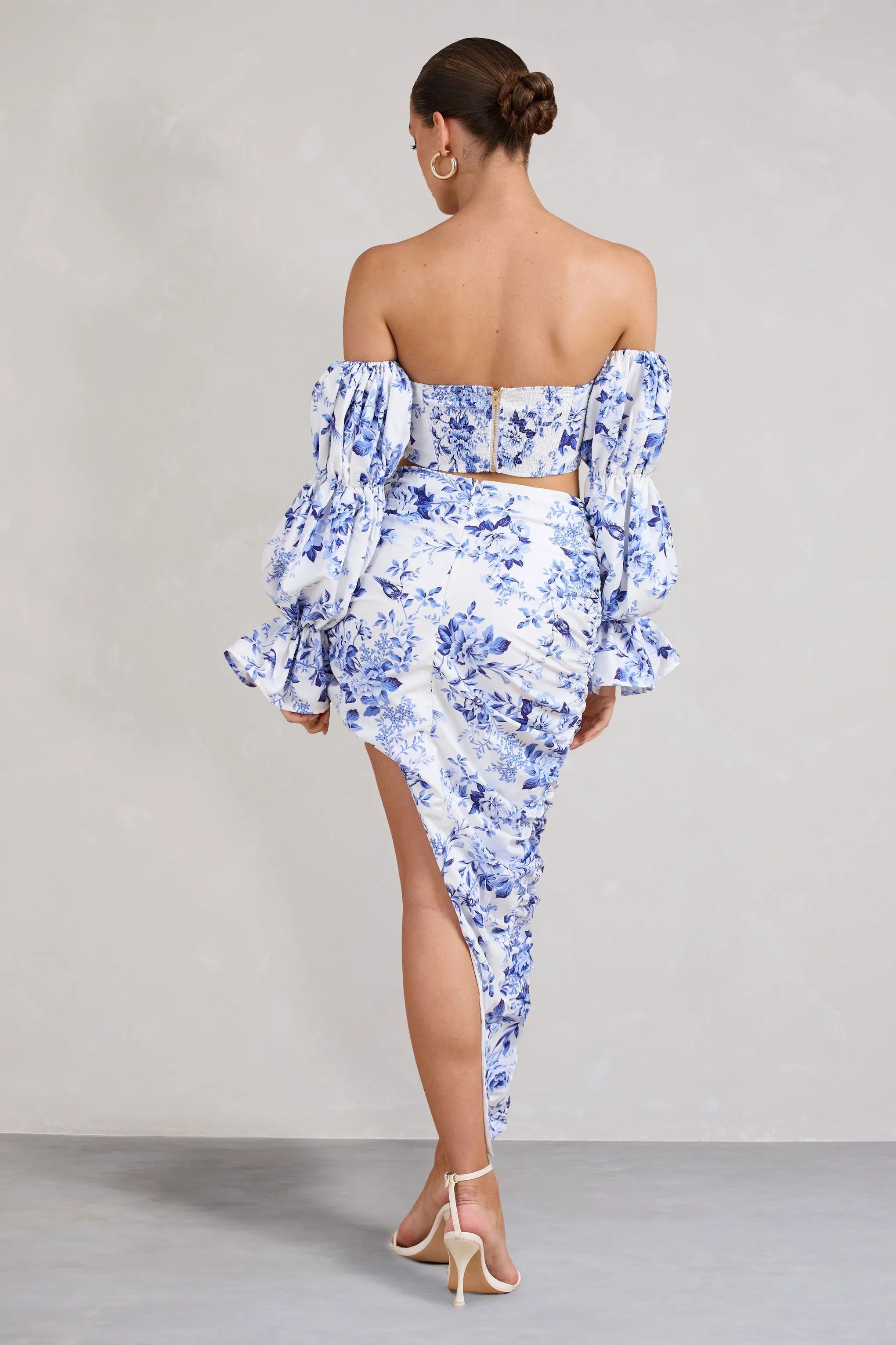 Holiday | Blue Floral Ruched Asymmetric Maxi Skirt