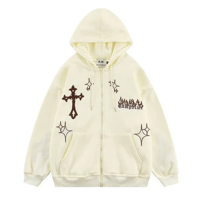 Holy Crosses Embroidery Aesthetic Grunge Hoodie Front Zipper