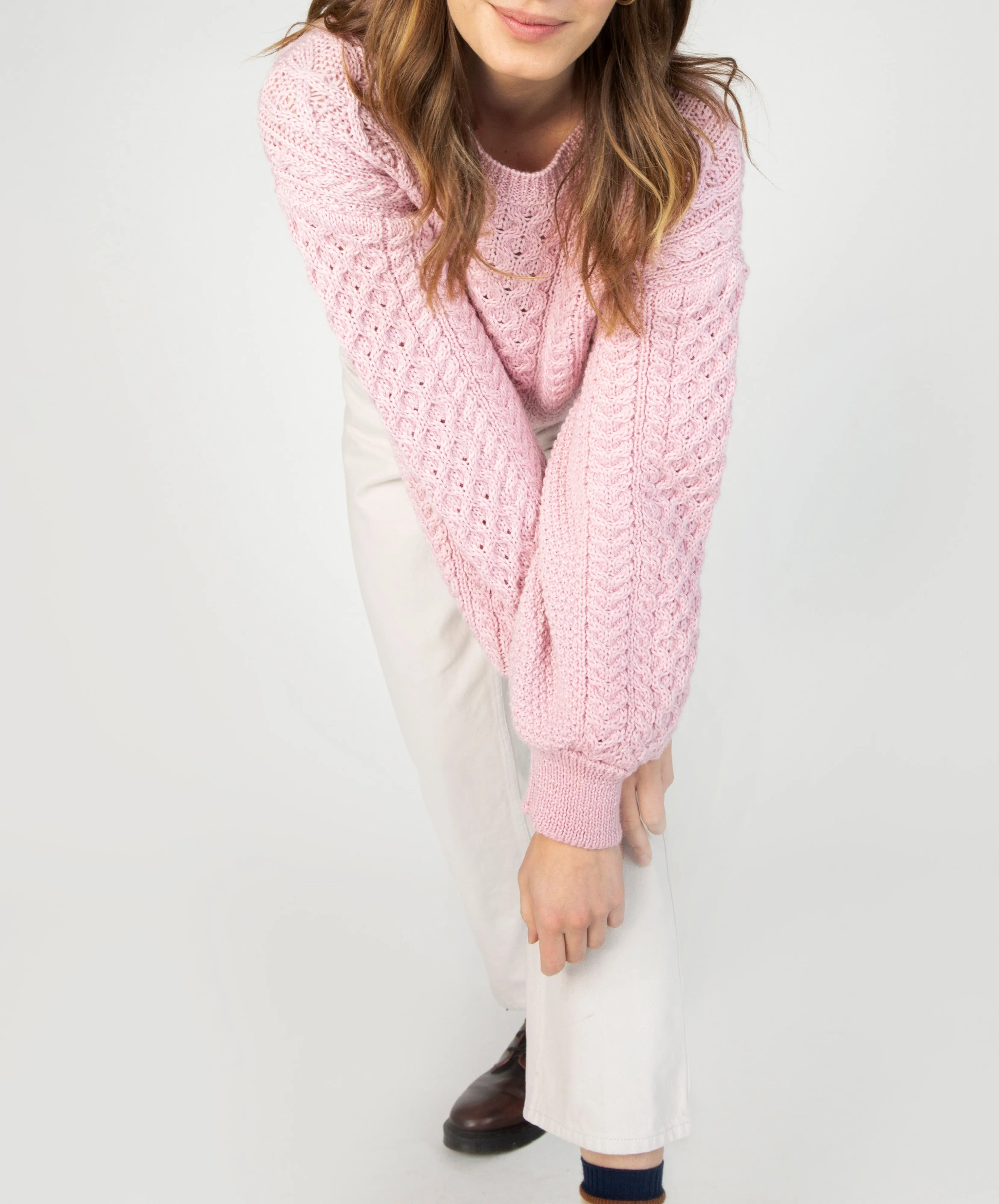 Honeysuckle Cropped Aran Sweater Pale Pink