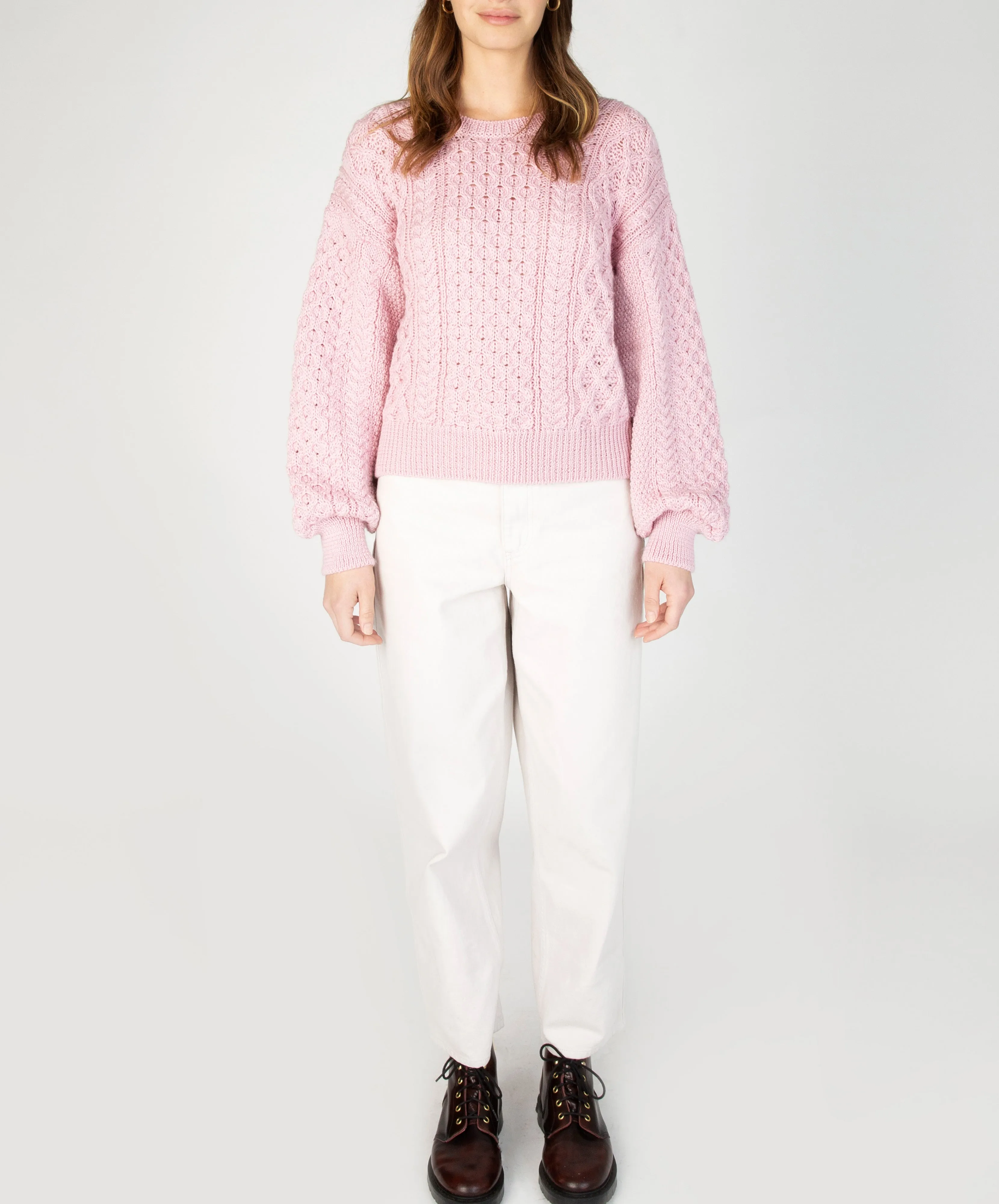 Honeysuckle Cropped Aran Sweater Pale Pink