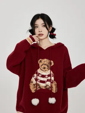 Hooded Sweater for Women Loose Cozy Casual Style with Cute Teddy Bear Design Gift for Her Christmas Gift