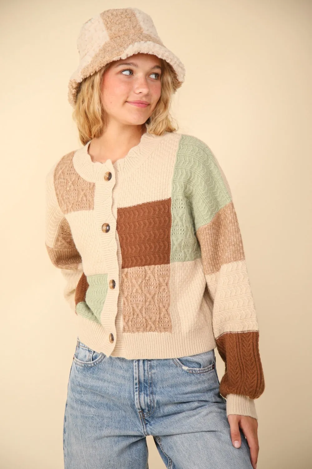 Hot Girl Funky Town Color Block Textured Cotton Cardigan In Oatmeal