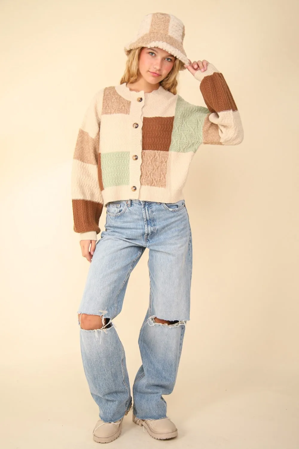 Hot Girl Funky Town Color Block Textured Cotton Cardigan In Oatmeal