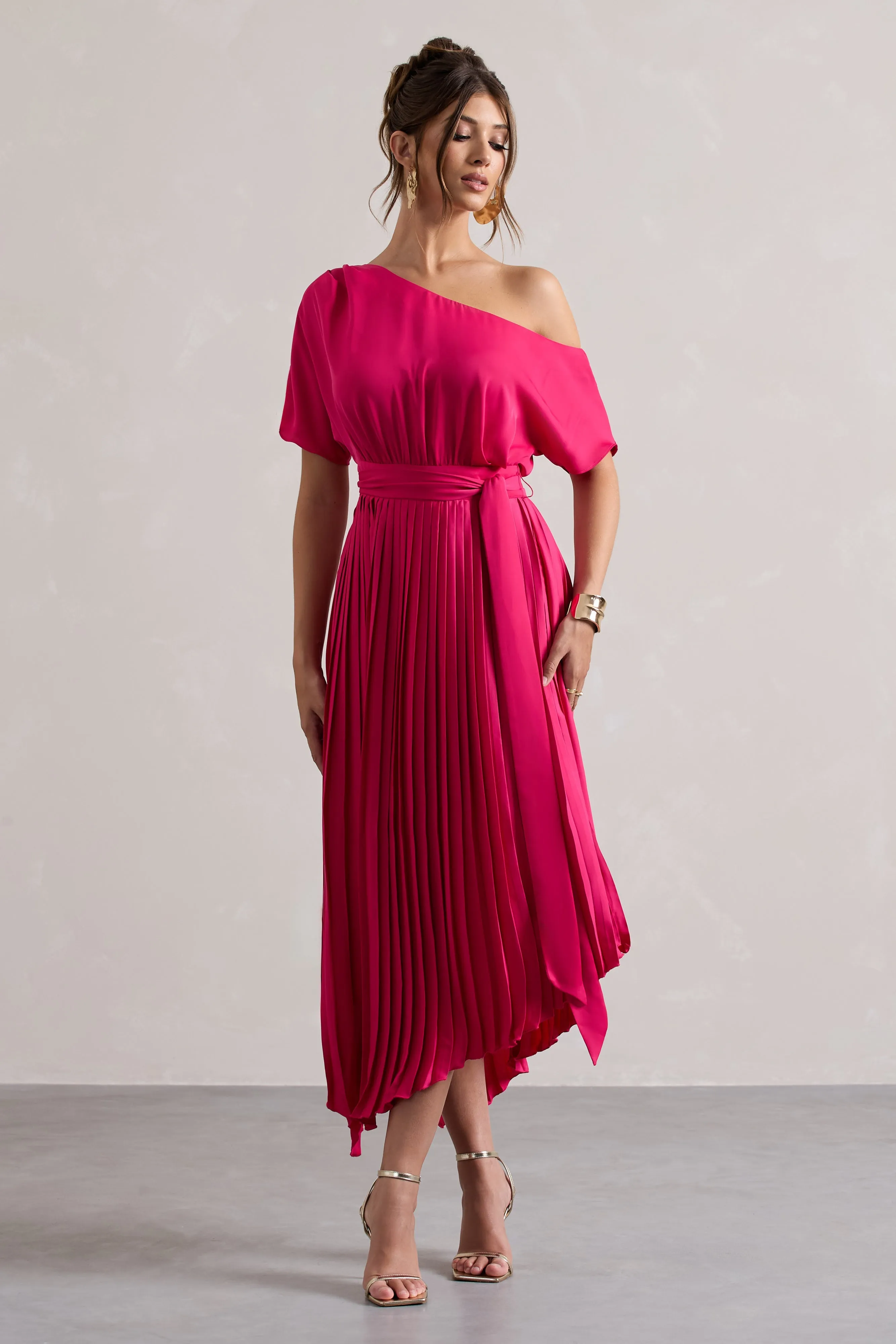 India | Hot Pink Satin Asymmetric Plisse Maxi Dress