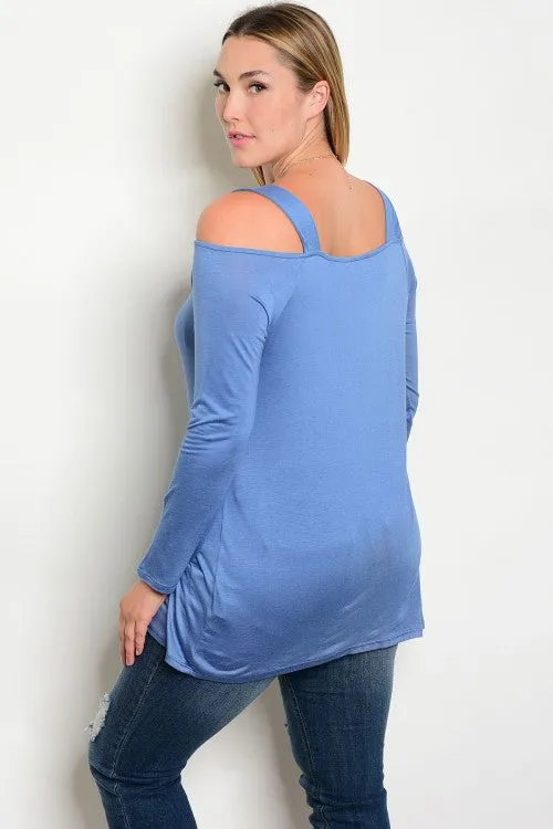 Indigo Blue Jersey Knit Plus Size Cold Shoulder Tunic Top