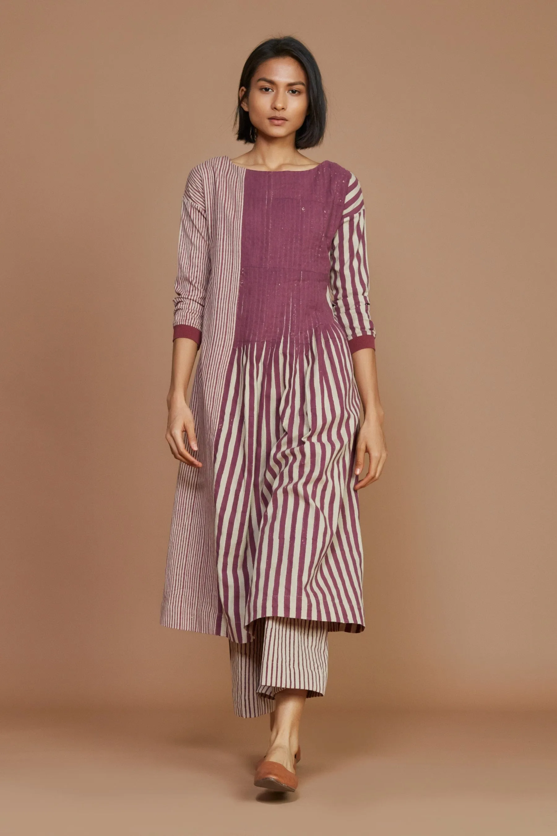 Ivory With Mauve Striped Pleated Dress (Ready to Ship)