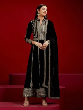 Jashvi Art Black Embroidered Velvet A-Line Kurta With Trousers & Dupatta