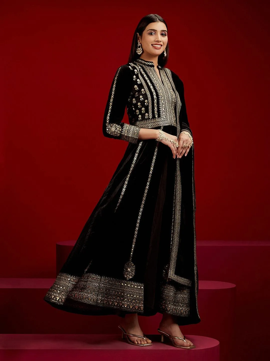 Jashvi Art Black Embroidered Velvet A-Line Kurta With Trousers & Dupatta