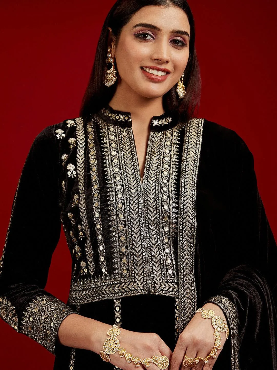 Jashvi Art Black Embroidered Velvet A-Line Kurta With Trousers & Dupatta