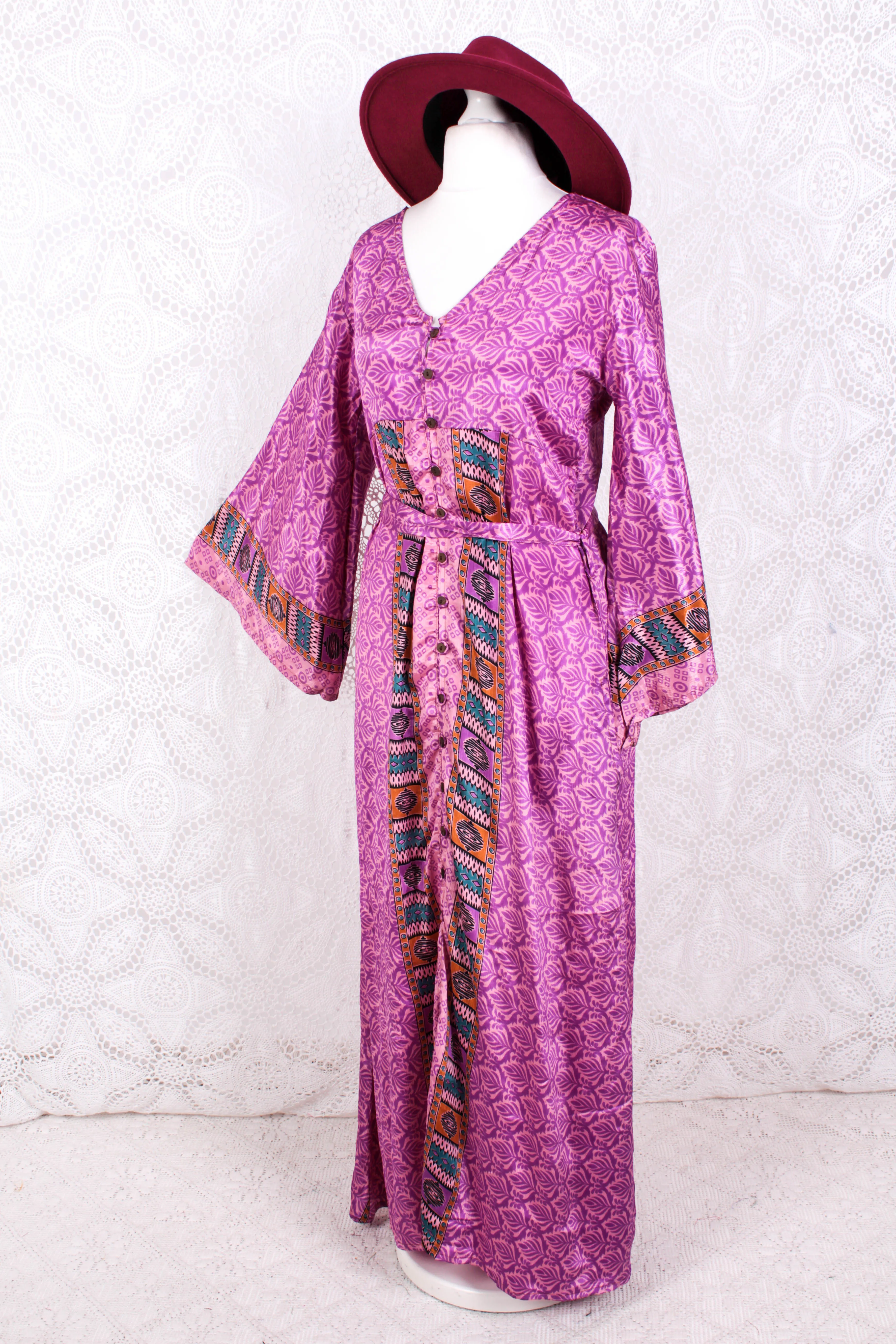 Jasmine Maxi Dress - Pink & Purple Vintage Sari - Size S/M