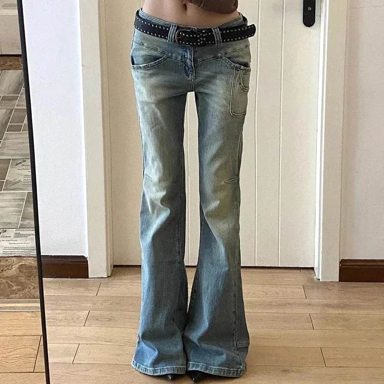 Joskaa Oversize American Rivet Flared Jeans for Women Y2k Grunge Loose Wide Leg Pants 2024 Spring New Straight Denim Blue