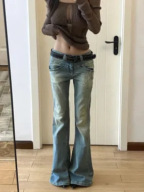 Joskaa Oversize American Rivet Flared Jeans for Women Y2k Grunge Loose Wide Leg Pants 2024 Spring New Straight Denim Blue