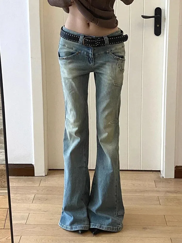 Joskaa Oversize American Rivet Flared Jeans for Women Y2k Grunge Loose Wide Leg Pants 2024 Spring New Straight Denim Blue