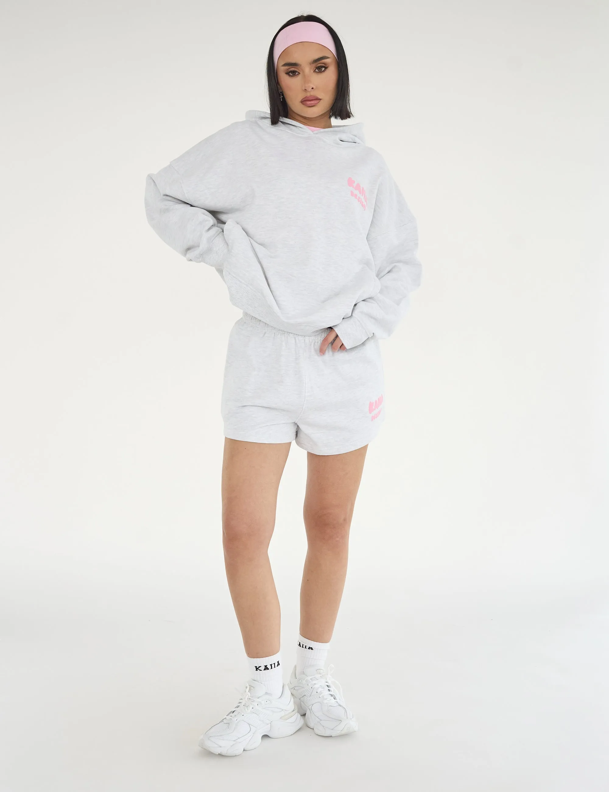 Kaiia Design Bubble Logo Oversized Hoodie Lt Grey Marl & Pink