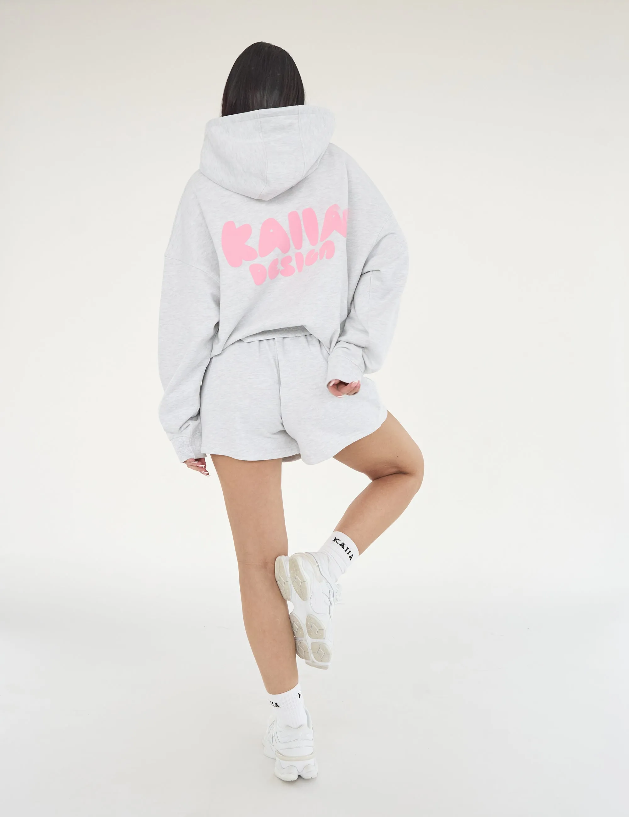 Kaiia Design Bubble Logo Oversized Hoodie Lt Grey Marl & Pink