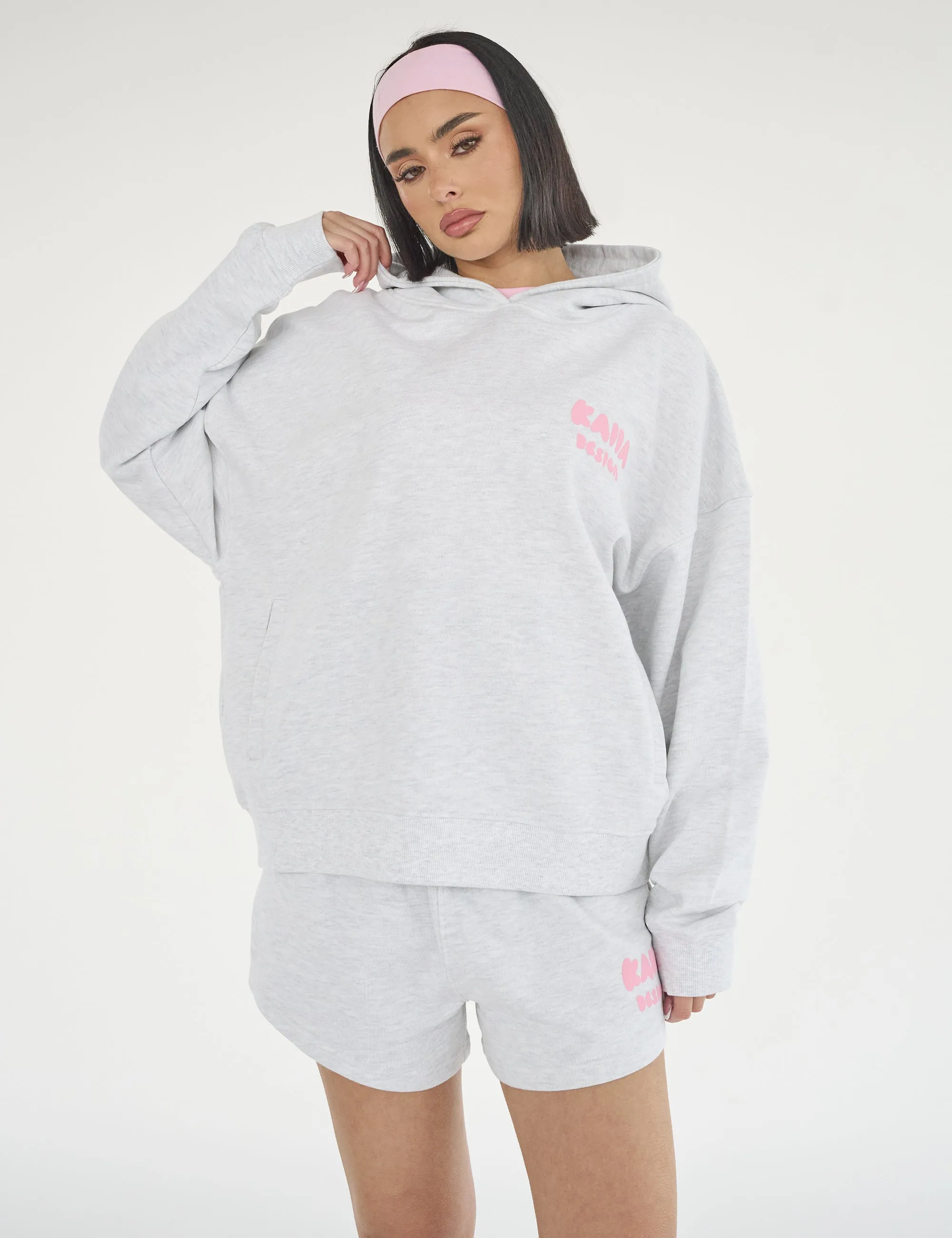 Kaiia Design Bubble Logo Oversized Hoodie Lt Grey Marl & Pink