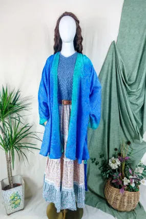 Karina Kimono Jacket - Vintage Sari - Mermaid Blue Floral - Free Size XL