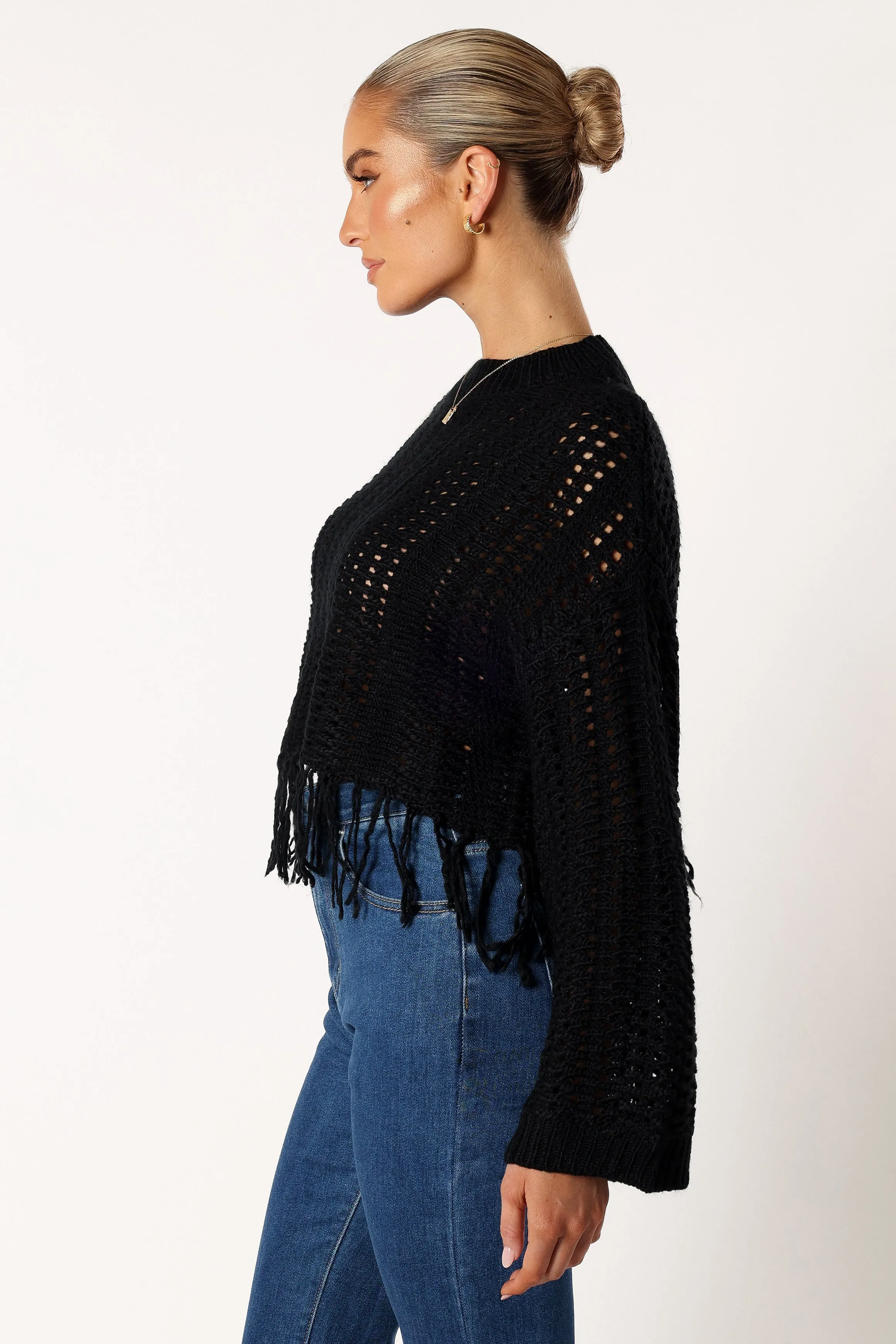 Katalina Fringe Crop Knit Sweater - Black