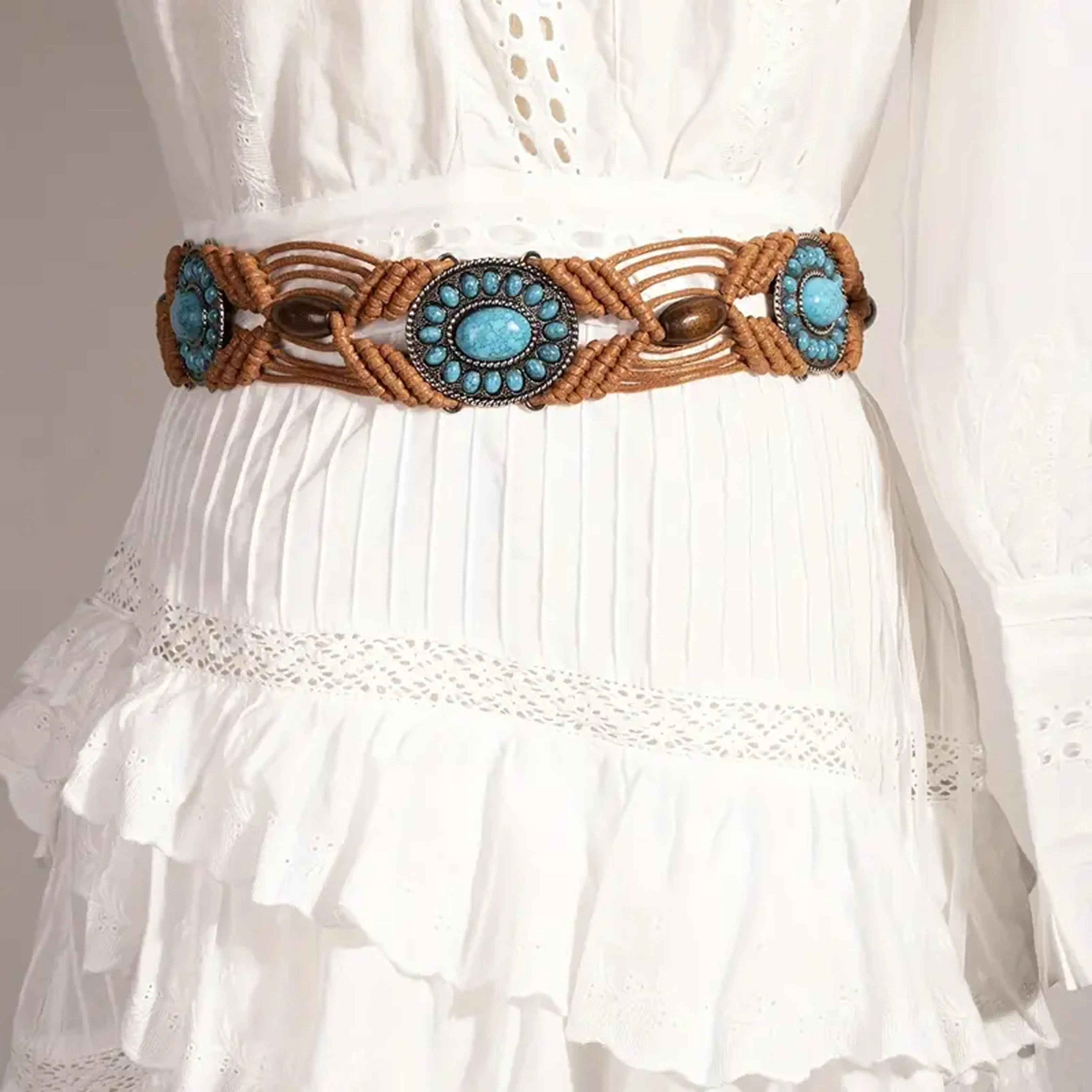 Knotted turquoise blue and brown beaded ivory white macrame belt