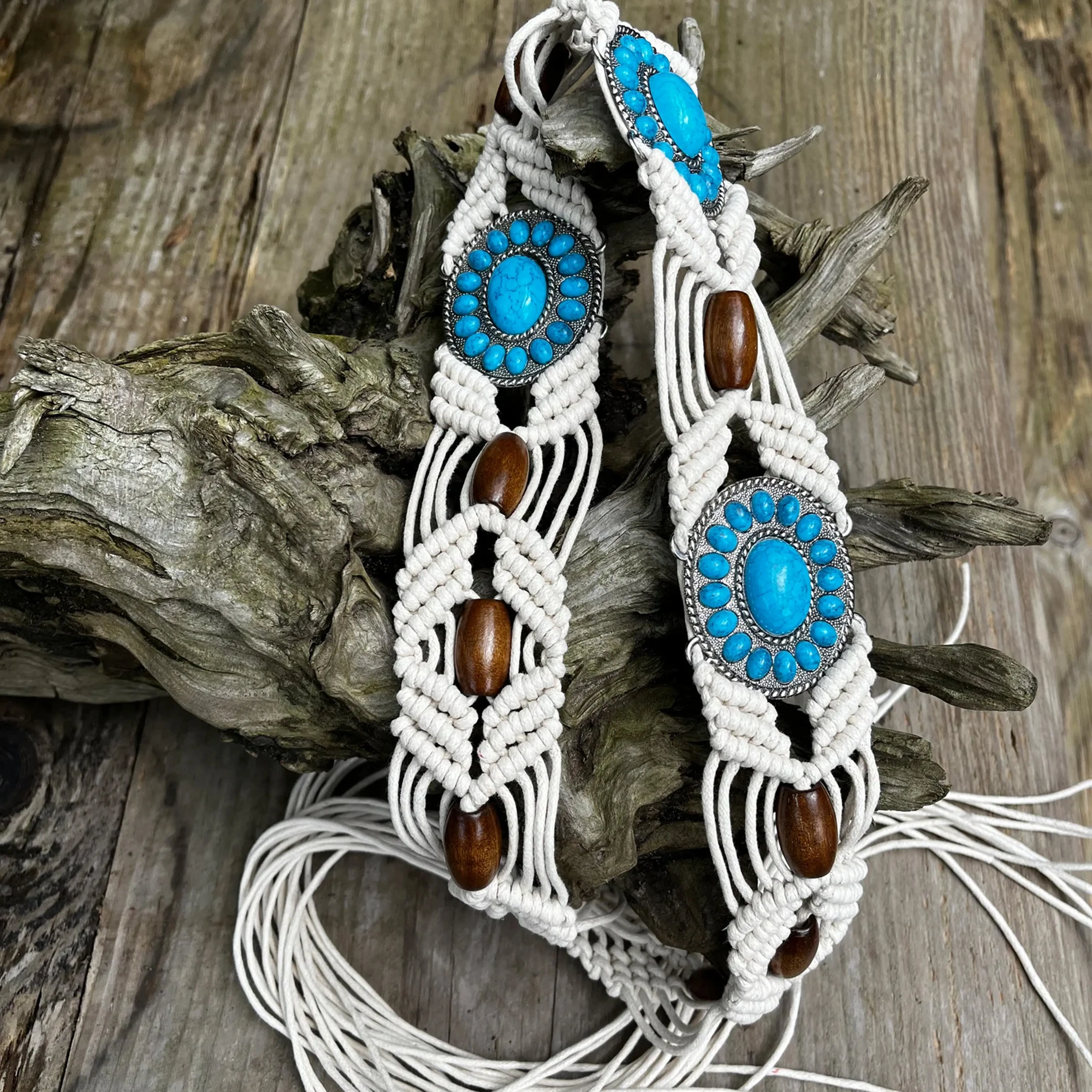 Knotted turquoise blue and brown beaded ivory white macrame belt