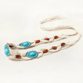 Knotted turquoise blue and brown beaded ivory white macrame belt