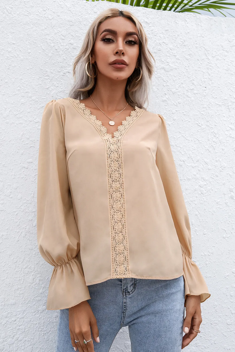 Lace Trim Flounce Sleeve Blouse