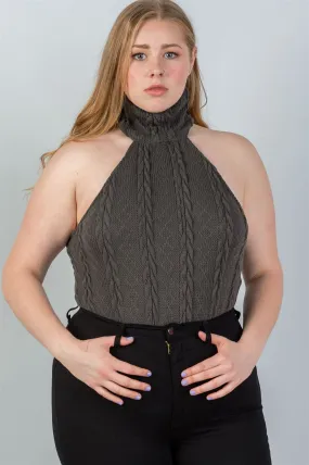 Ladies fashion plus size  cable knit turtleneck sleeveless bodysuit