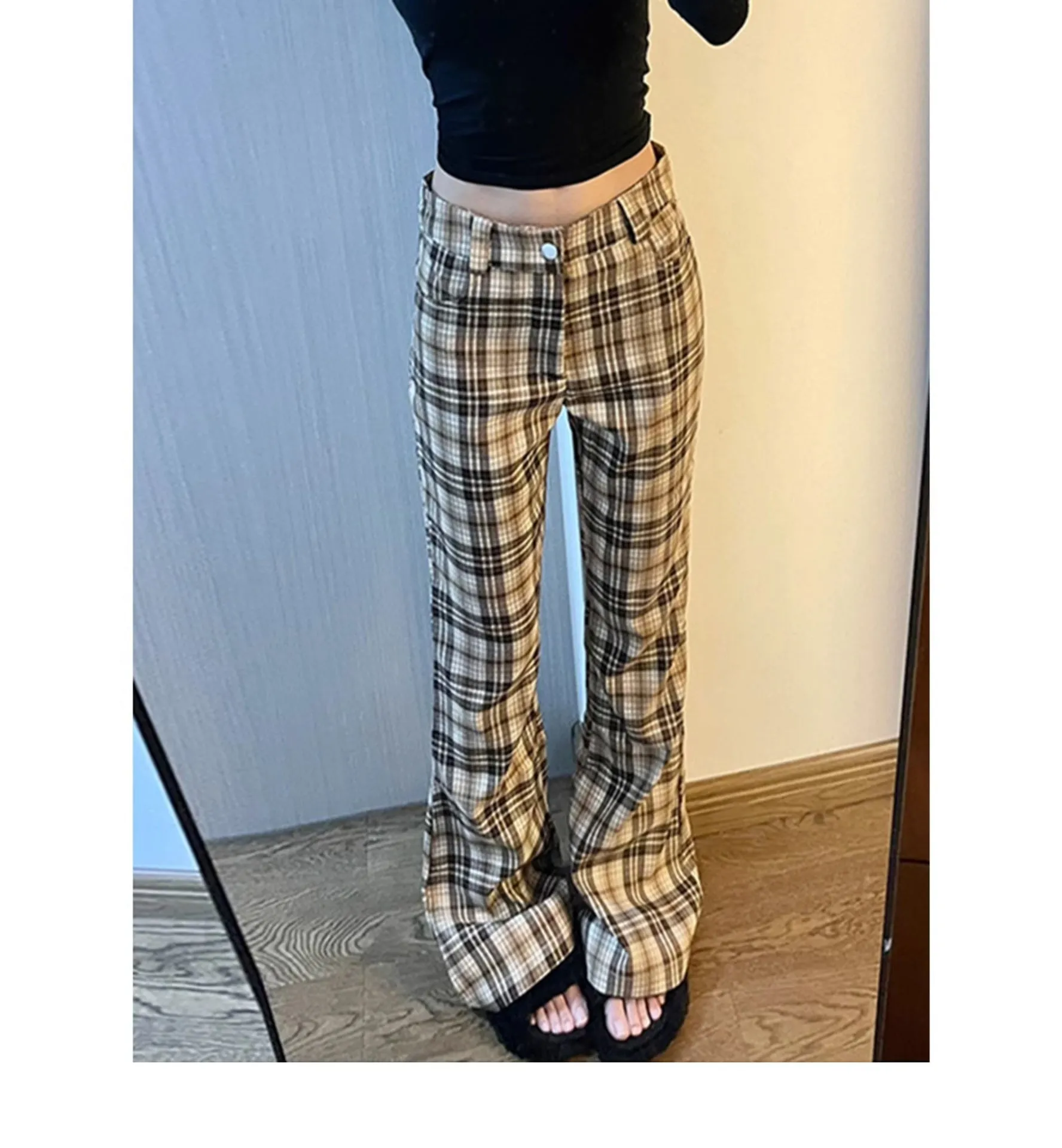 Lanfubeisi grunge outfits Micro Horn Plaid Sports Pants Women's New Autumn and Winter High Waist Slimming Slim Fit Hot Girl Horseshoe Casual Pants Mopping Pants