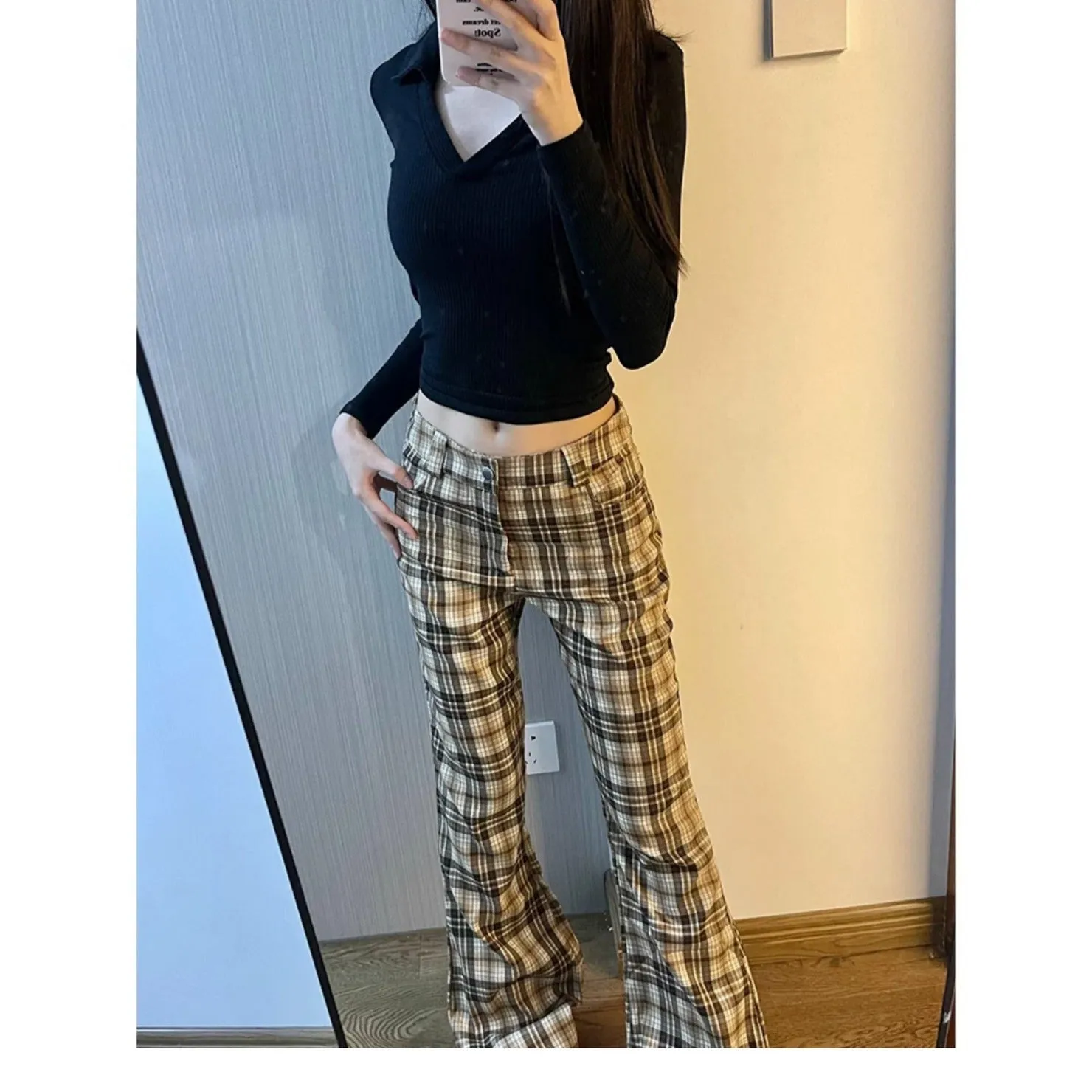 Lanfubeisi grunge outfits Micro Horn Plaid Sports Pants Women's New Autumn and Winter High Waist Slimming Slim Fit Hot Girl Horseshoe Casual Pants Mopping Pants